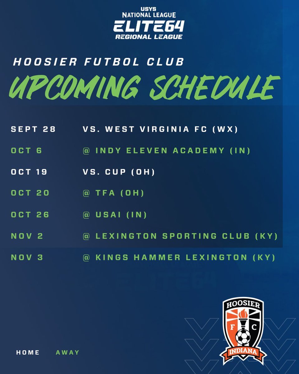Good luck this weekend to our 2011 Boy Elite Wolves I and our 2012 Boys Elites Wolves I in their E64 matchups! 

📅9-28 📅 
4:00pm 2012Boys Elite Wolves I
6:00pm 2011 Boys Elite Wolves I

Games will be played at Hoosier FC.

#developmentmatters #itsahoosierthing #hfcfamily🧡⚽️🖤