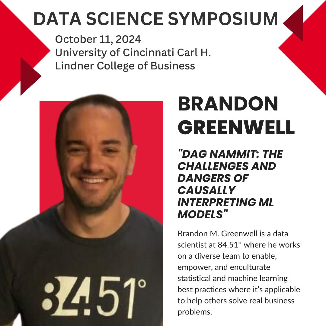 Don't miss Brandon Greenwell's talk at the Data Science Symposium 2024! 🧠🔍

Topic: "DAG Nammit: The Dangers of Causally Interpreting ML Models"

Gain insights into making ML models more explainable and safe with causal tools like DAGs.

web.cvent.com/event/53fd1776…