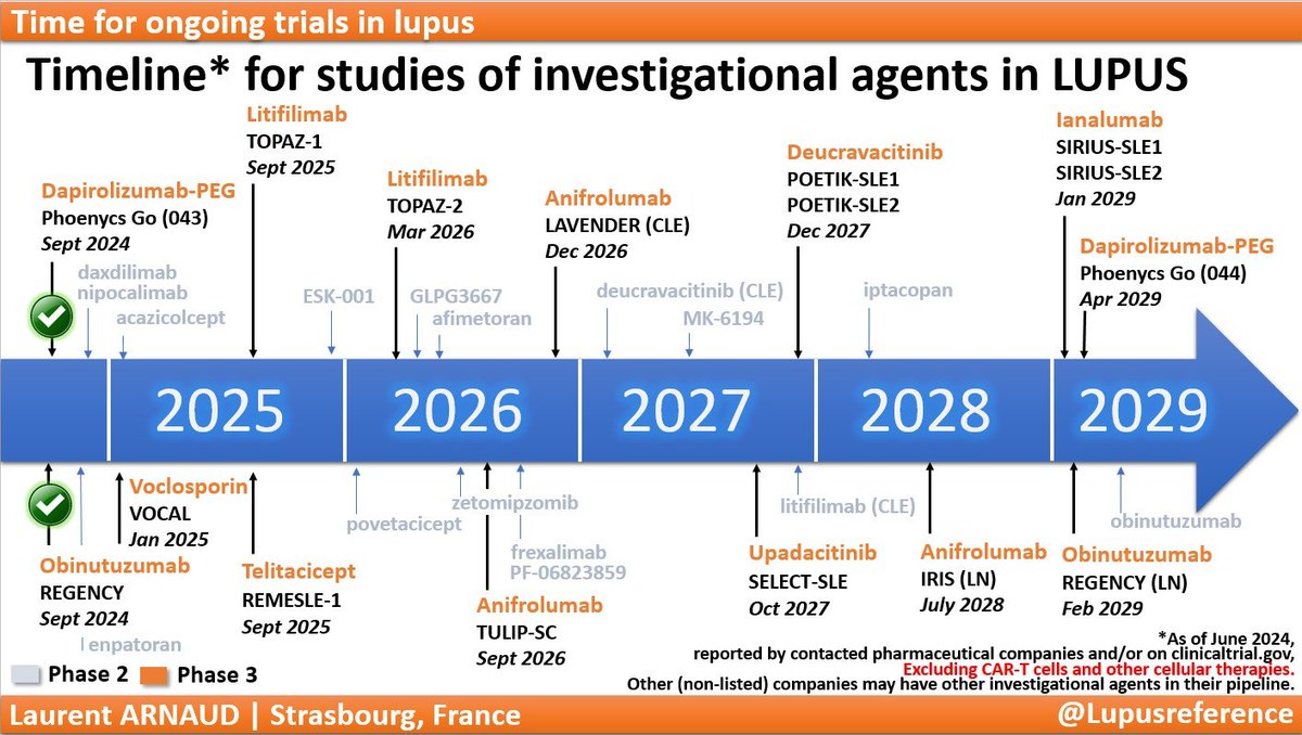 Lupusreference's tweet photo. ✅ Updated timeline for #Lupus trials ⬇️ including successful trials for dapi &amp; obi ! As always, please do let me know if something is not correct and I will reupdate the slide 🔄 https://t.co/RBhFUhDD0A