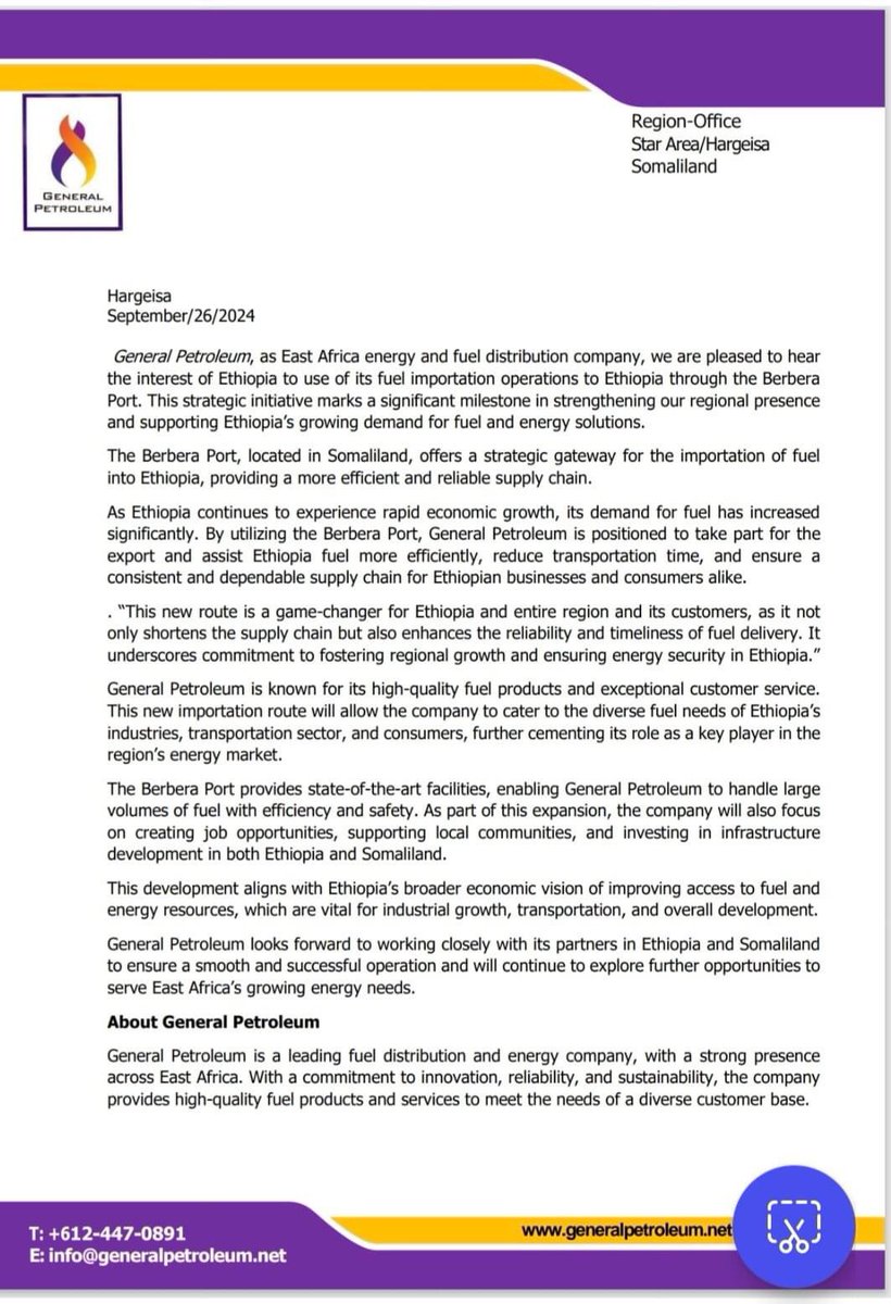 Mudanemaxamed's tweet photo. ๐#BREAKING- The @GeneralPetroleu has supported the F. Government of Ethiopia ๐ช๐น to use the international port of Berbera in the Republic of Somaliland to import its fuel.โ๐
@RenaissanceDam . @SLNTV . @PMEthiopia , @somalilandmfa .
@mfaethiopia .@NebiyuTedla
#RespectTheMoU. https://t.co/e0WVPCFr9w