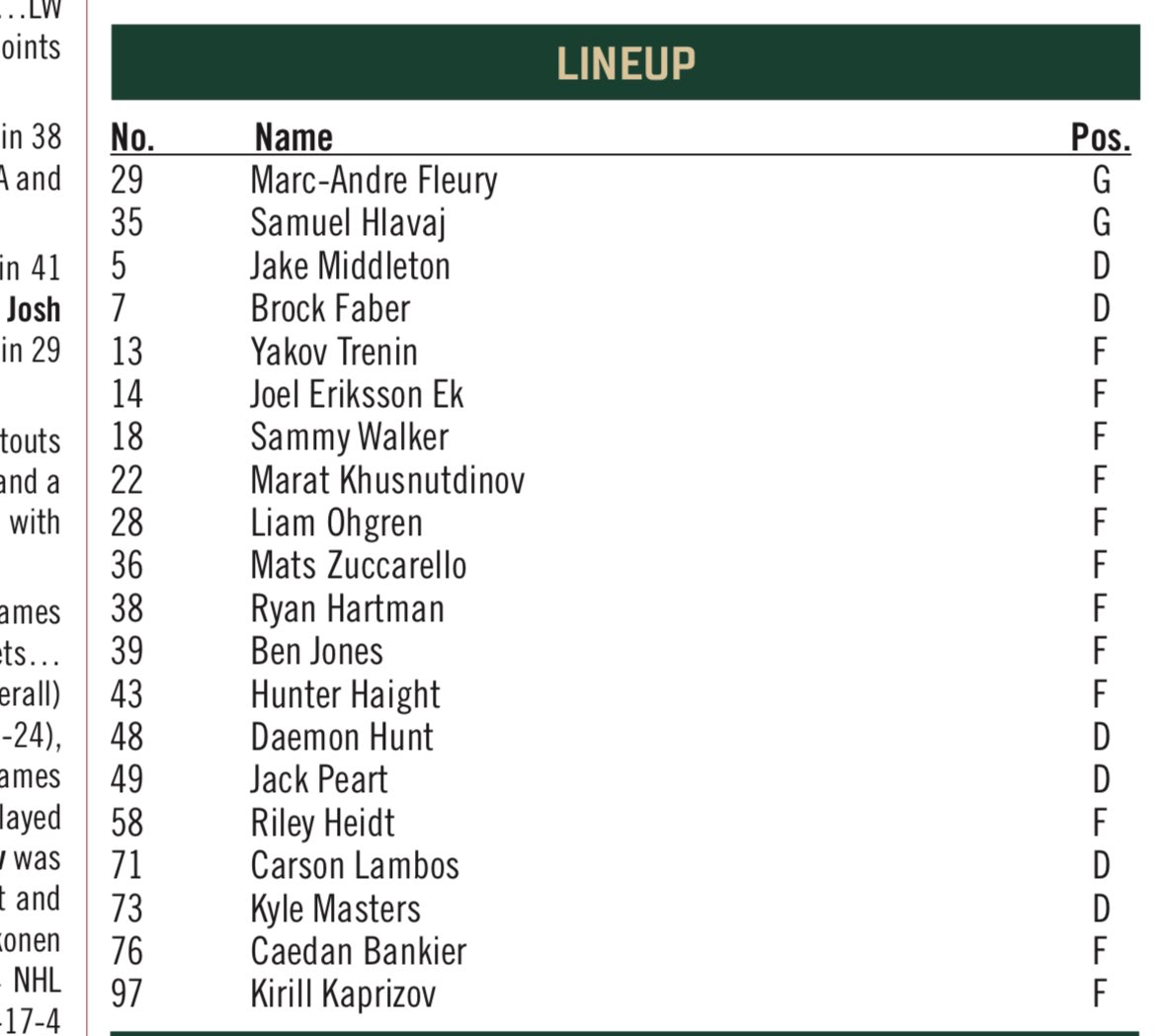 Fleury, Middleton, Faber, Trenin, Eriksson Ek, Zuccarello, Hartman and Kaprizov are the #mnwild regulars making their preseason debuts tonight. 

Looks like Jack Peart’s first exhibition game ever