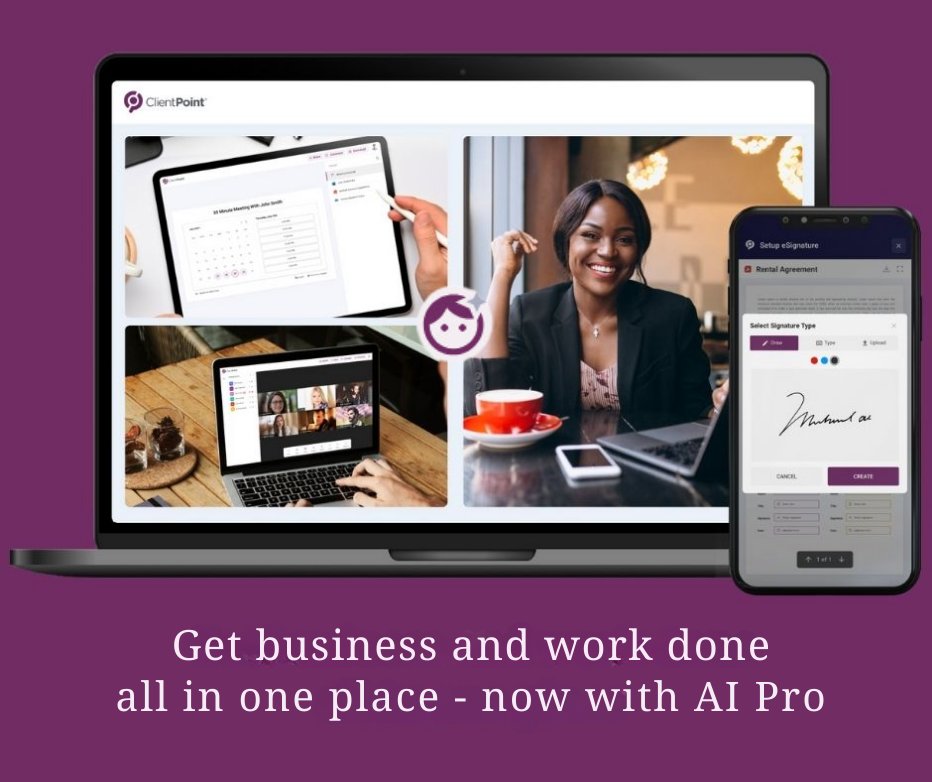 ClientPoint's tweet image. Break free from the complexity of multiple work/client #relationshiptech that complicates the process of doing business with you! You can now streamline scheduling, messaging, video chat, sharing files, e-signing, all on ONE PLATFORM🎁Sign up FREE: ClientPoint.me/?utm_source=tw…