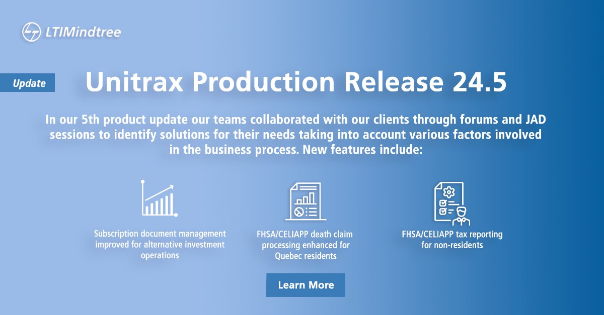 We continue to enhance the operational strength of Unitrax though our fifth production install of 2024! 

Explore more about the Unitrax® platform here and feel free to reach out to us directly: ltimindtree.com/canada/product… 

#FinancialSuccess #WealthManagement #Innovation