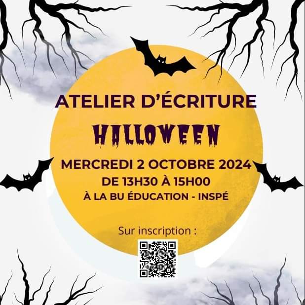 ✍ATELIER D'ÉCRITURE HALLOWEEN À LA BU ÉDUCATION👻🎃
 
Aucun niveau n'est exigé. Seul prérequis : l'envie d'écrire et de partager un moment convivial et coopératif !

📆Merc. 2 octobre de 13h30 à 15h
📍BU Éducation (Bellepierre)
✅ billetweb.fr/atelier-decrit…