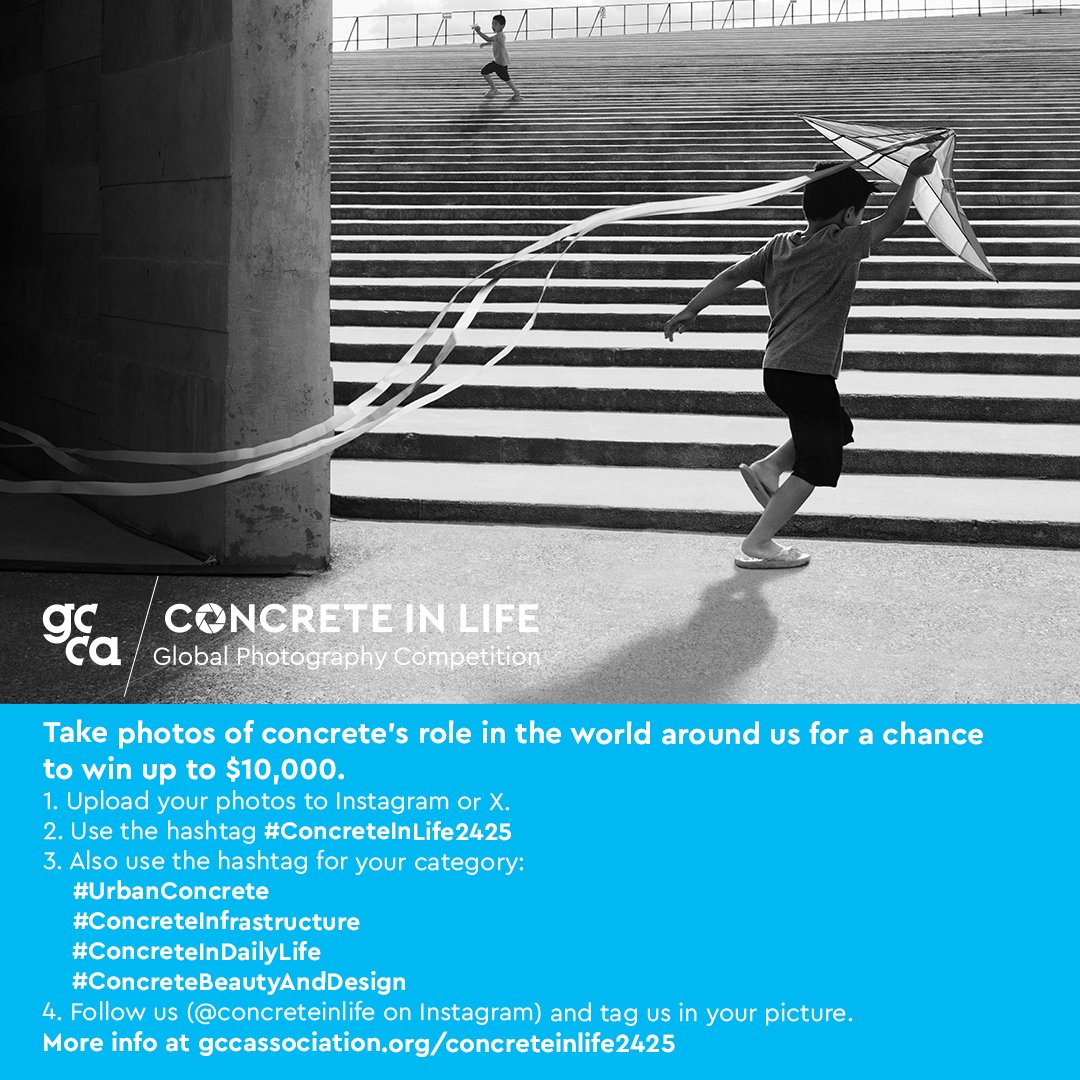 theGCCA's tweet photo. Our #ConcreteInLife 2024/25 global photography competition is now open! 📸
Enter your photo now for the chance to win up to $10,000. 🤑
📷 To enter:
1. Upload your photos to Instagram or X.
2. Use the hashtag #ConcreteInLife2425
3. Also use the hashtag for your category:
#UrbanConcrete
#ConcreteInfrastructure
#ConcreteInDailyLife
#ConcreteBeautyAndDesign
4. Follow us (@concreteinlife on Instagram) and tag us in your picture.
More info at https://t.co/EP3njR93IQ

As one of the most widely used man-made products on the planet, concrete is essential to our lives: in our houses and offices; our roads and pavements; in the bridges that connect us; the wind farms that provide us with energy; and the sea barriers that protect us. We want to know what concrete means to you! ❤️

#Photography #PhotoOfTheDay #PhotoArt #Photographer #PhotographyCompetition #Photo #PhotographyLover #Competition #Cement #Architecture #ArchitecturePhotography #Infrastructure