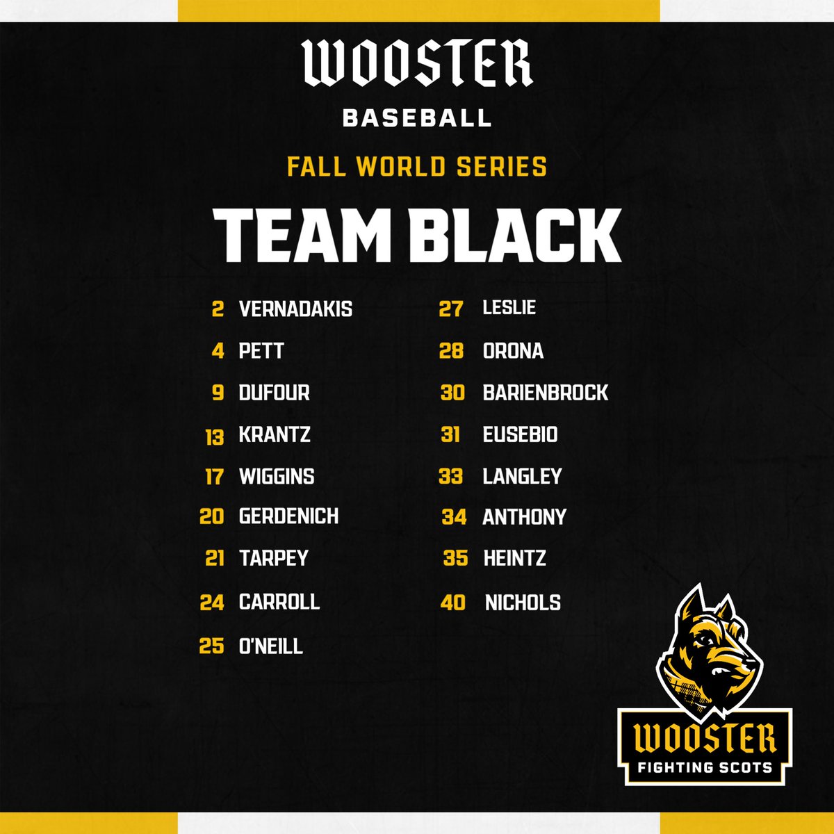 WoosterBaseball's tweet photo. Black vs Gold World Series. Game 1 today. First pitch at 4:45. https://t.co/AVXR3nfHkM