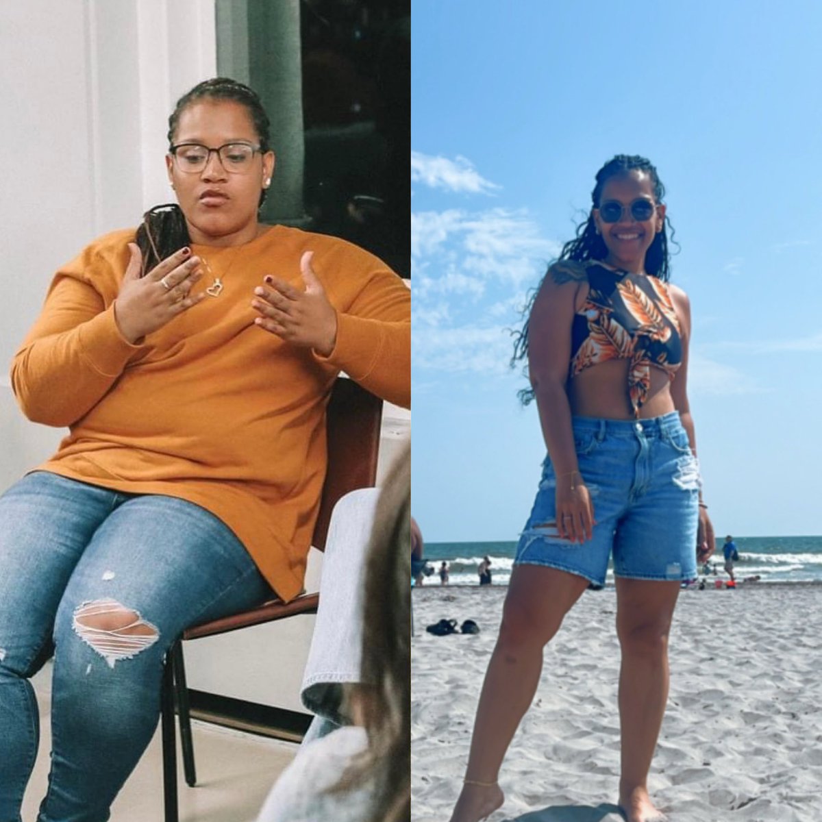 As of today, I’ve lost a total of 100lbs! I am celebrating life and my fight against pre-diabetes, inflamed GI tract, &amp; depression. I am proud of the girl on the left for her strength 🤍