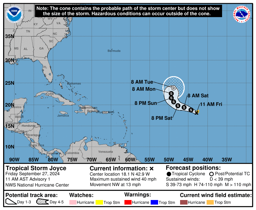 SteveWAFB's tweet image. Tropical Storm #Joyce has formed over the open Atlantic. The good news is that it is expected to remain over the open ocean.