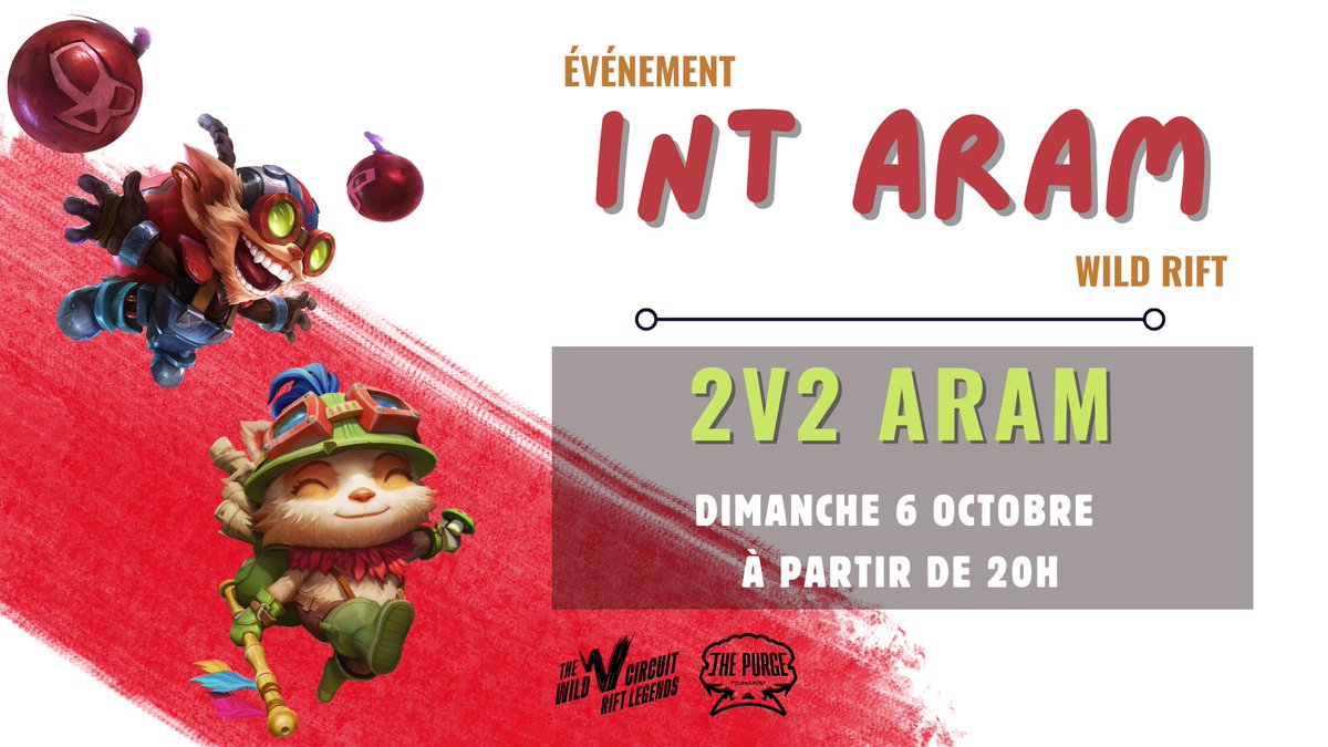 [🥳] Événement 2v2 ARAM

📅 Dimanche 6 octobre à partir de 20h
🏆 12 Random Skin Chests 
✅ Avoir + de 16 ans, France Benelux Suisse
🎮 Tournoi 2v2 en Mode Aram Perso.
🔥 Partenaire de <a href="/wildriftfrance/">Wild Rift Communauté FR</a>

Pour en savoir plus, et s'inscrire :
discord.com/invite/zAW3vkf…