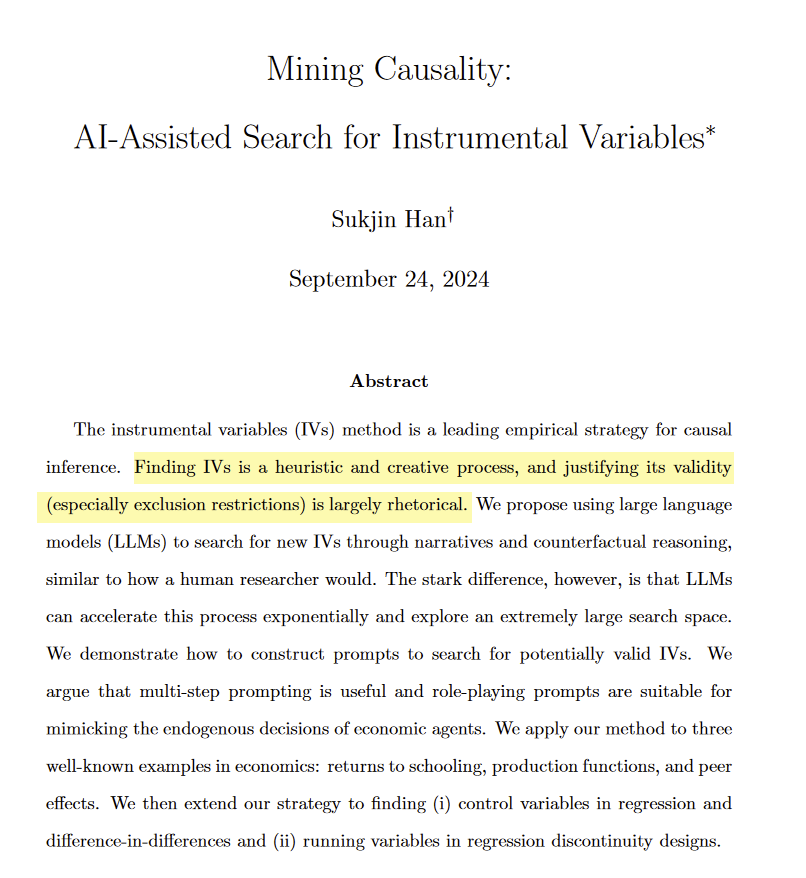 emollick's tweet photo. This paper is a really nice example of using LLMs as a co-intelligence for high-end research, even when the AI can't really do the work itself, by helping explore an idea space &amp; surfacing unexpected directions

The value of a creative partner, even in quantitative work, is high https://t.co/JdSW7uaZas