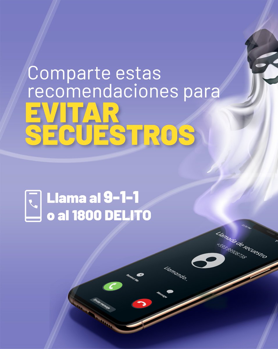 ECU911Austro's tweet photo. Sigue estas recomendaciones para evitar ser víctima de un secuestro.
Si un familiar o tú son víctimas de secuestro o extorsión llama al 9-1-1 o al 1800 DELITO (335486), opción 1.
#ECUTip https://t.co/vAJzrgPiig