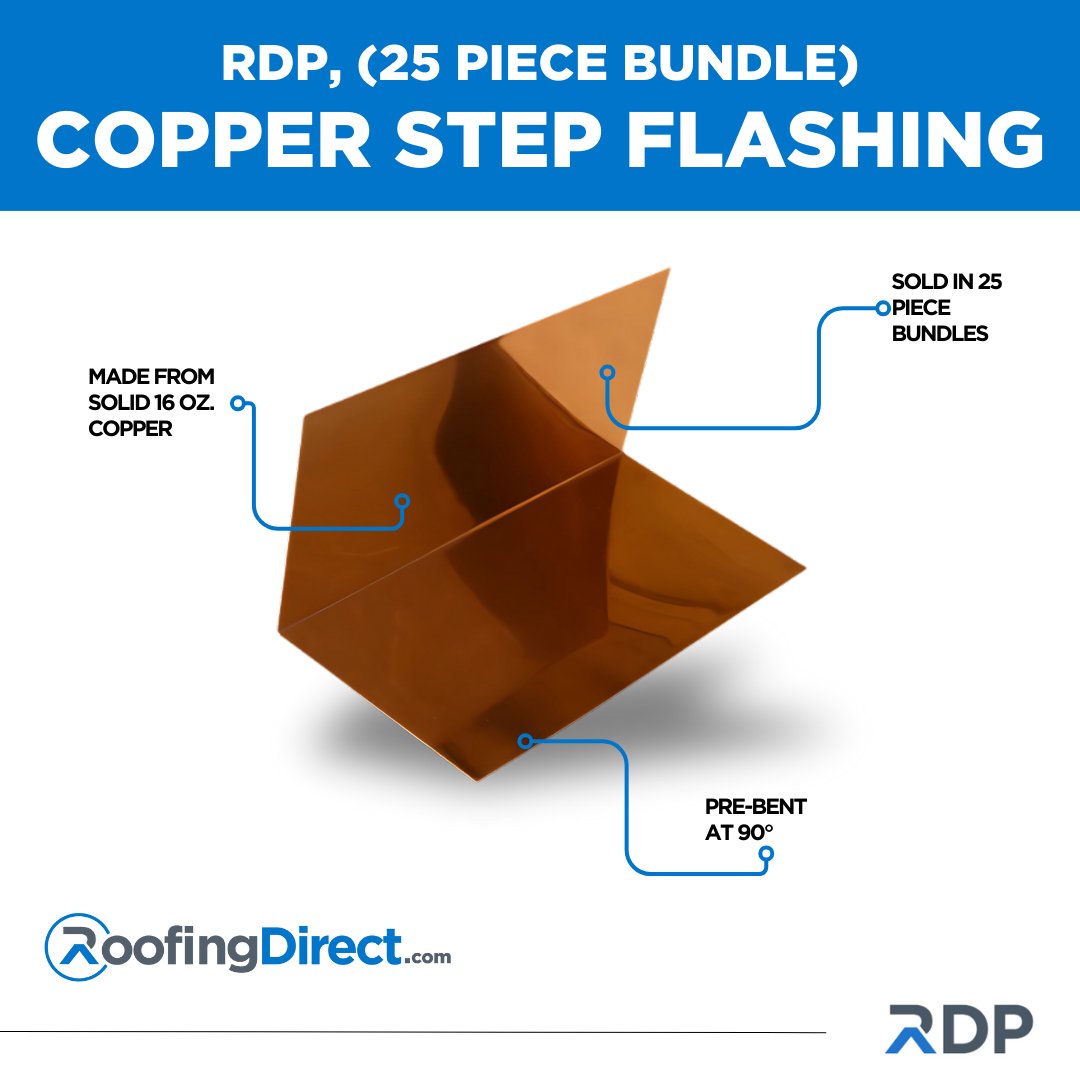 BuyRoofing's tweet image. Protect your roof! 🏠 RDP Copper Step Flashing prevents water leaks with 16 oz. copper, pre-bent for easy install. Built to last!

✅ 16 oz. Copper
✅ 25-piece bundles
✅ Pre-bent at 90°

Upgrade at RoofingDirect.com! #RoofingSolutions #CopperFlashing #RoofProtection