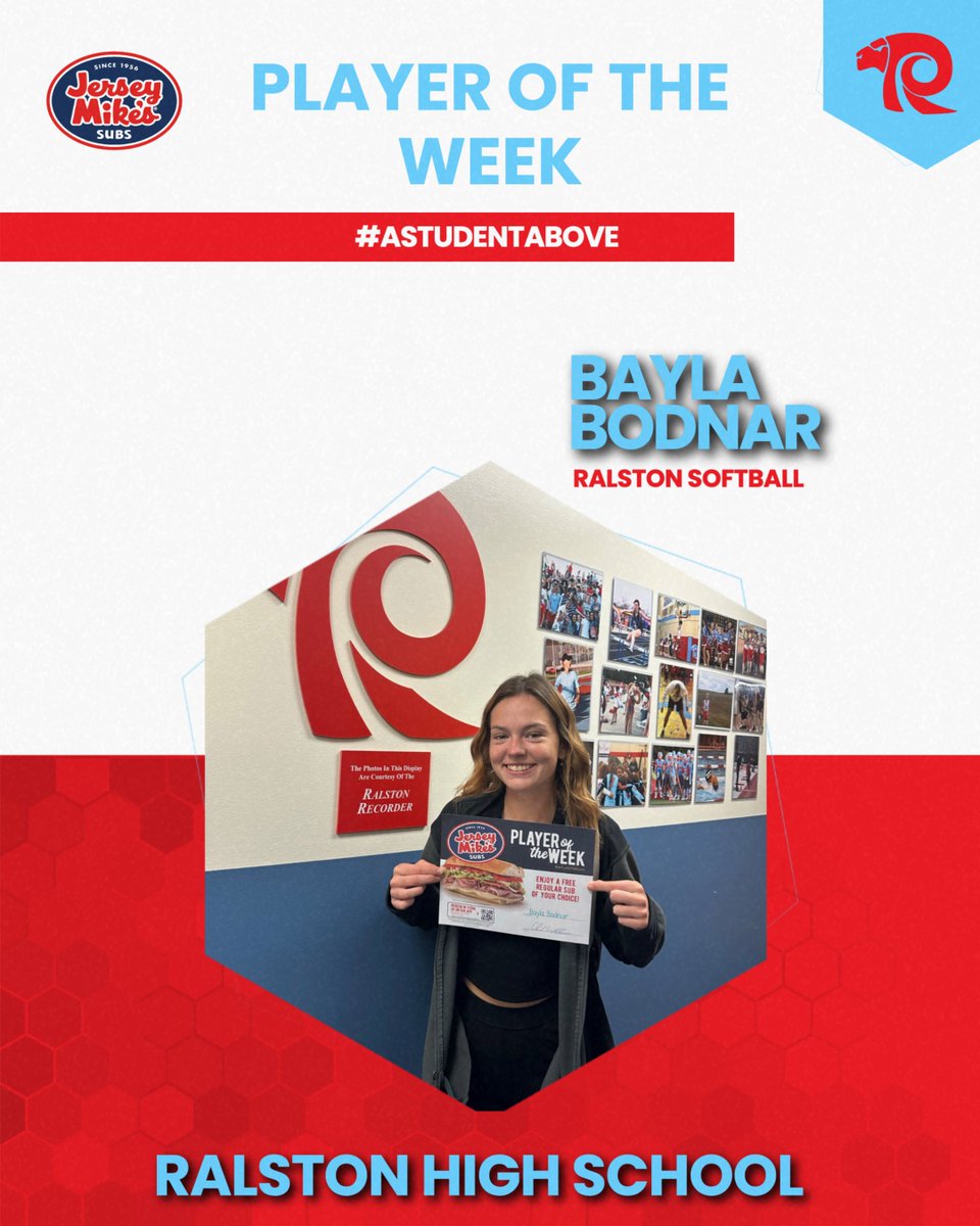 Congratulations to Bayla Bodnar on being selected as Player of the Week for Ralston Softball!
