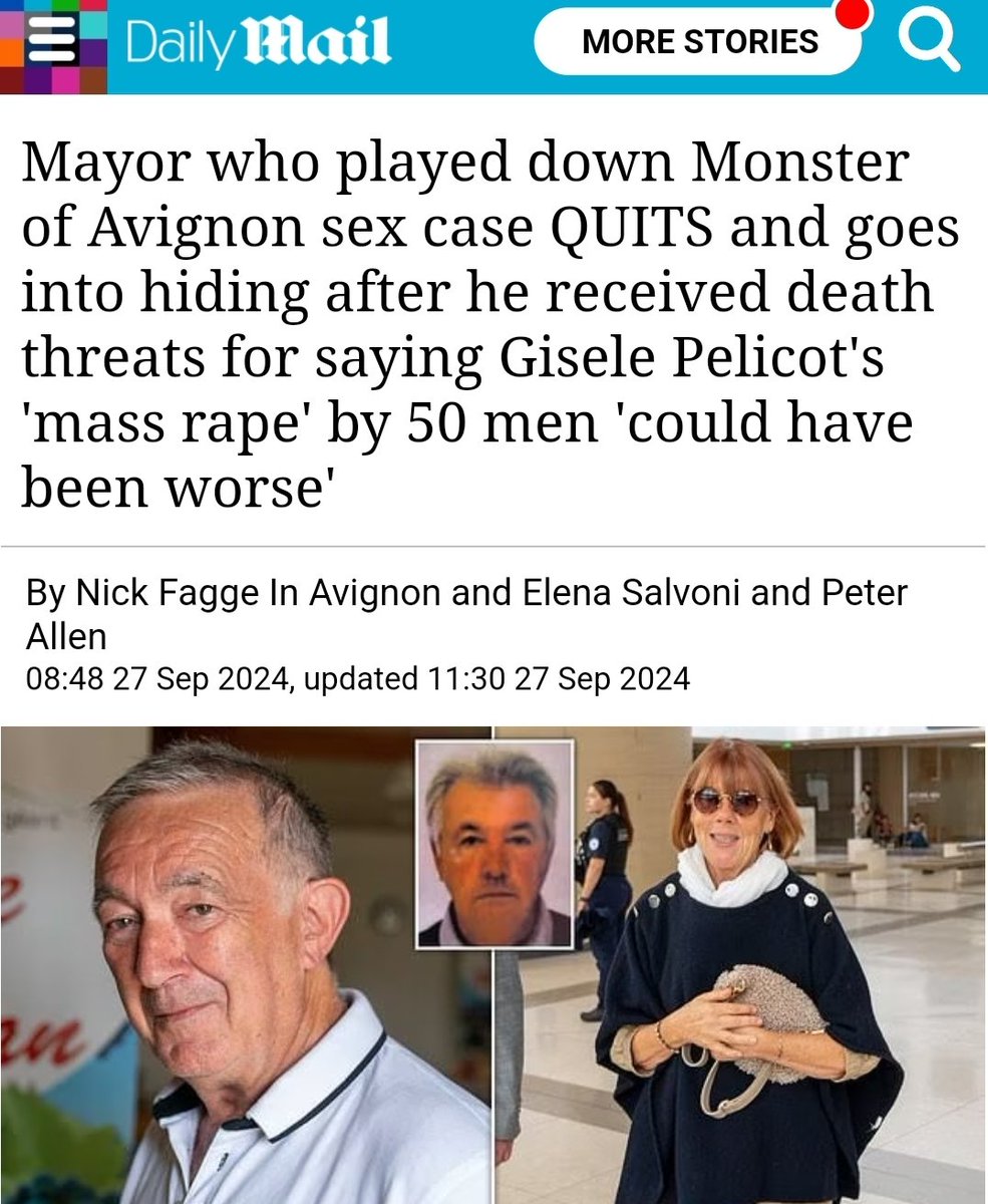 Wommando's tweet photo. Louis Bonnet, the Mayor of Avignon, who commented that the systematic rape of Gisèle Pélicot by over 80 men, organised and facilitated by her husband who had drugged her "could have been worse", has announced he's leaving public life. https://t.co/62g57NlBQv