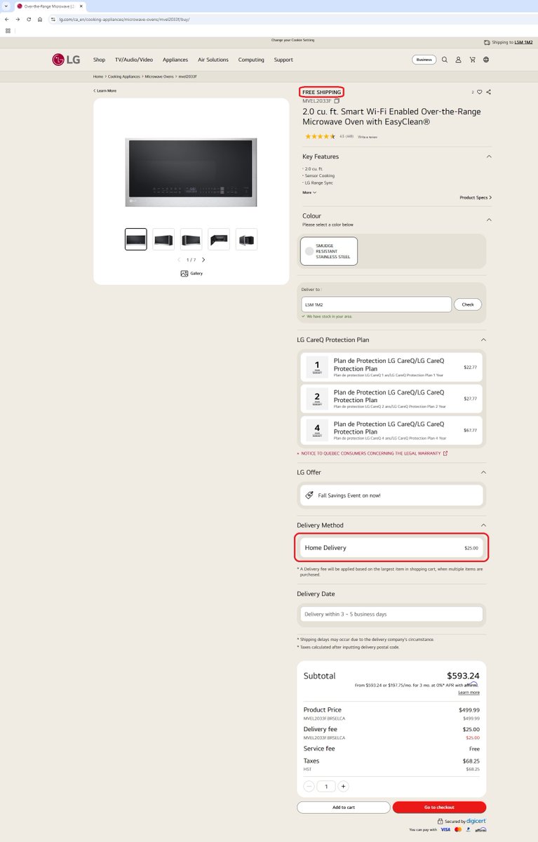 dtziruln's tweet photo. @LGCanada I'm still having an issue with misleading representations on your site. Multiple listings say FREE SHIPPING, but shipping is still being charged on most. I already sent you a DM, you already created a ticket, and they weren't able to help. Can anyone help? https://t.co/l4slDF0pPk