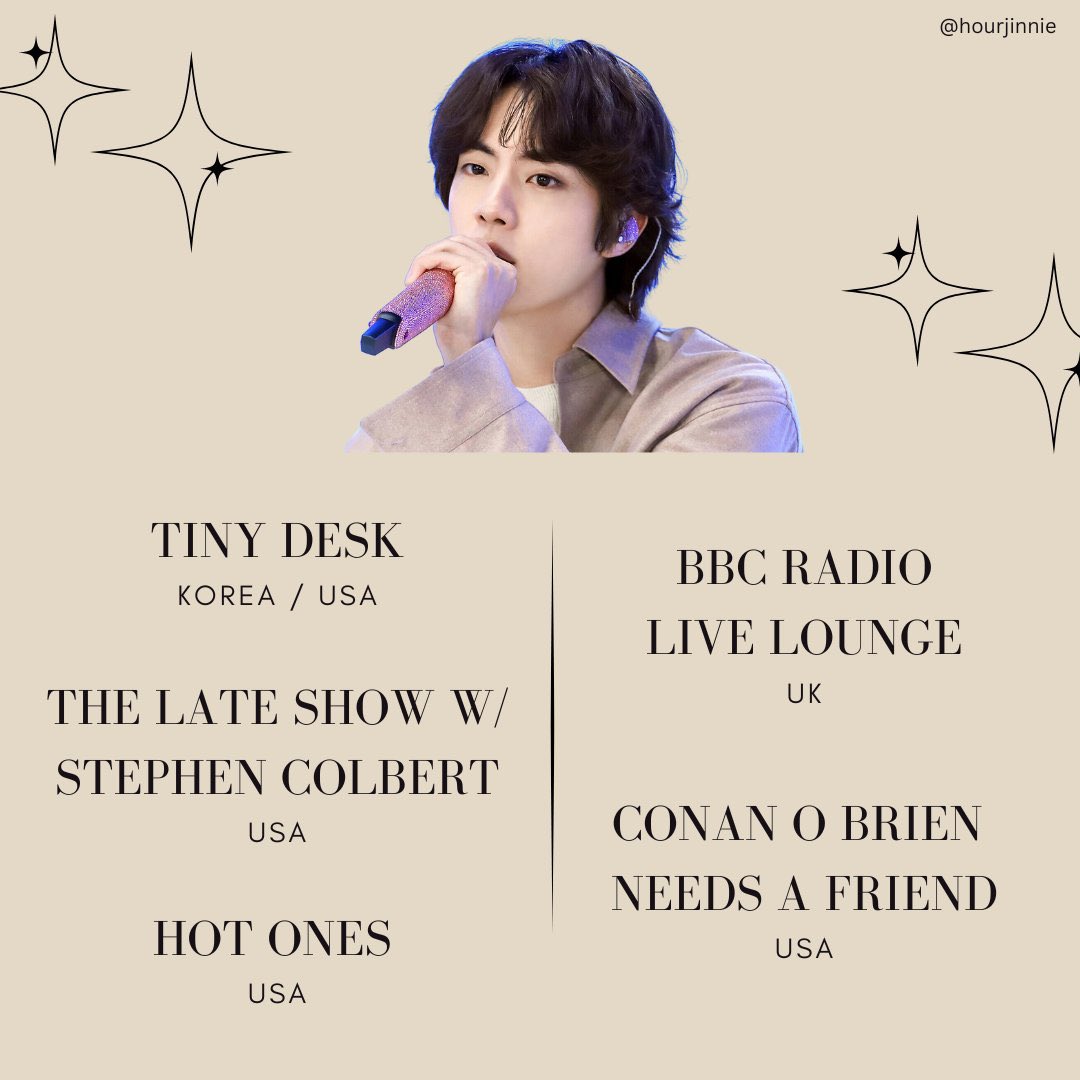 hourjinnie's tweet photo. It would be nice for Jin to have more international coverage so here are shows that #JIN can appear on!! 🌐

Use the poster with #to_jin on Weverse!

Reply with the link of your post below so we can collectively link your post 👇 https://t.co/wK3IVSJbj9