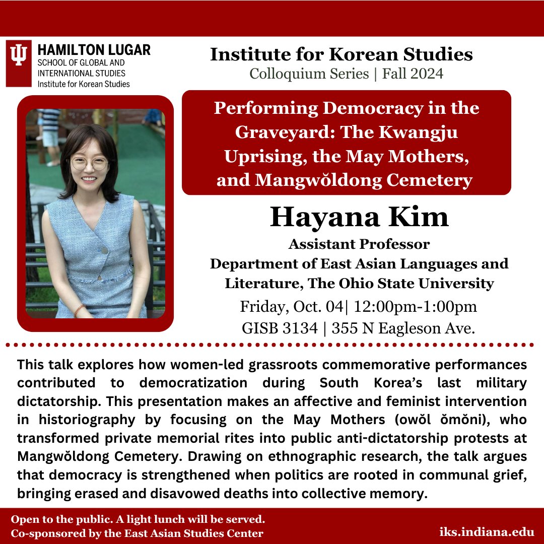 Institute for Korean Studies (@iks_iu) on Twitter photo Please join us for our third colloquium of the semester, next Friday, Oct. 04 at 12!
<a href="/hamiltonlugar/">Hamilton Lugar School at Indiana University</a> <a href="/IUCollege/">The College at IU</a> Please join us for our third colloquium of the semester, next Friday, Oct. 04 at 12!
<a href="/hamiltonlugar/">Hamilton Lugar School at Indiana University</a> <a href="/IUCollege/">The College at IU</a>