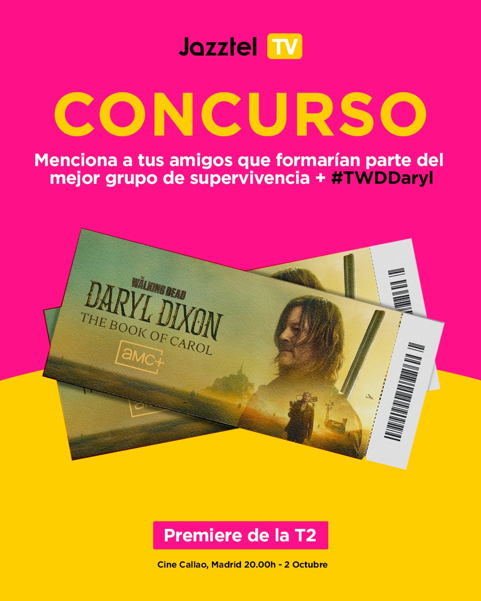 jazztel_es's tweet photo. CONCURSO 🧟♂️🏹💀
¿Quieres ir a la premiere de “The Walking Dead: Daryl Dixon – The Book of Carol” y conocer a sus protagonistas? ¡Participa y gana!
🔁 RT
👥 menciona a tus amigos que formarían parte del grupo de supervivencia
#️⃣ Utiliza el HT #TWDDaryl
BL: https://t.co/gWK0vnNM3n https://t.co/Wh4l9TC14M
