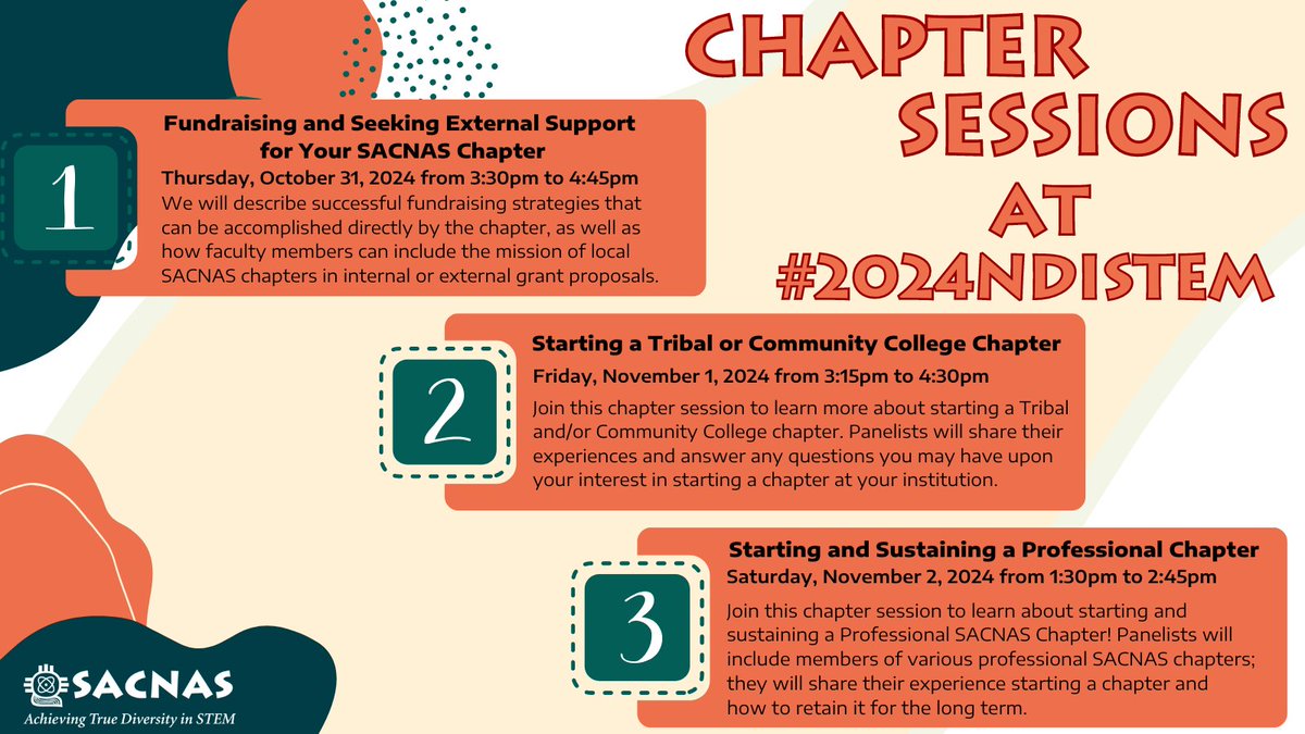 SACNAS's tweet photo. Come join us on our three chapter sessions at #2024NDiSTEM to learn more! 🎤🙌
You will have the opportunity to network with more chapter members and hear from our panelists at the upcoming NDiSTEM Conference! 🌵

#SACNASChapters #SACNAS https://t.co/8ILl3q0grQ