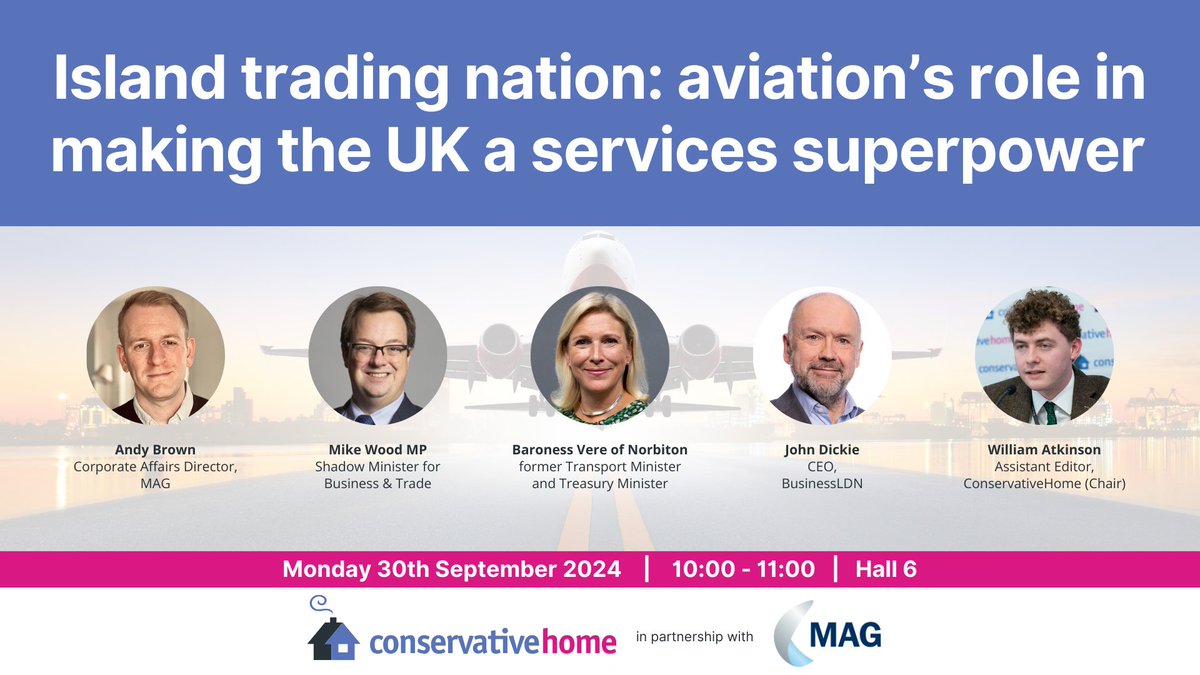 Monday 30th - 10.00 - Hall 6

We also have a <a href="/MAG_PressOffice/">MAG Airports</a> panel with <a href="/mikejwood/">Mike Wood</a> <a href="/CharlotteV/">Charlotte Vere</a> about the role of aviation in unlocking growth in services

#CPC24