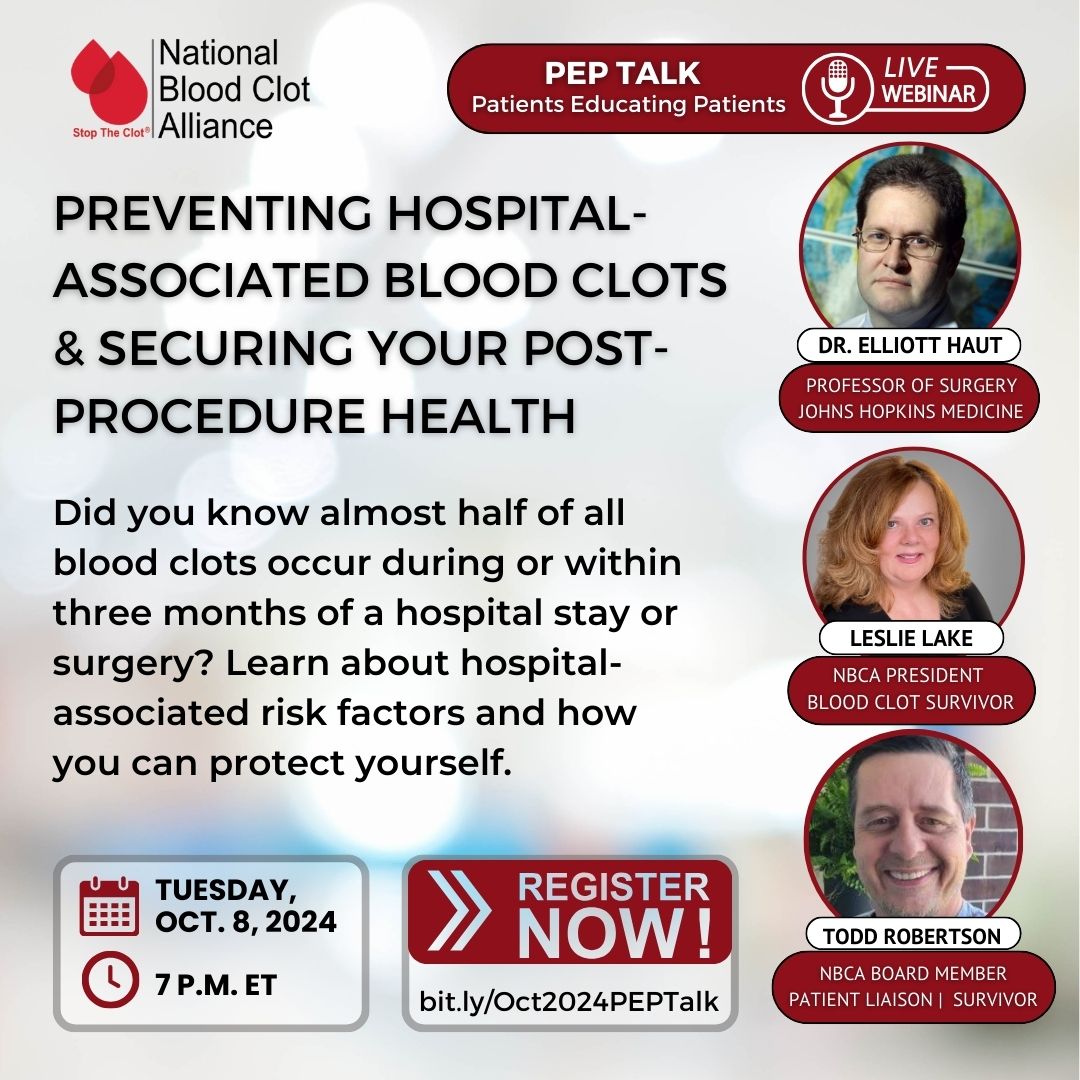 StopTheClot's tweet image. Did you know that being hospitalized can put you at a higher risk for life-threatening blood clots? Join us for an important October PEP Talk on preventing #HAVTE with our guest, @elliotthaut of @HopkinsMedicine. Save your spot! bit.ly/Oct2024PEPTalk

#stoptheclot #peptalk