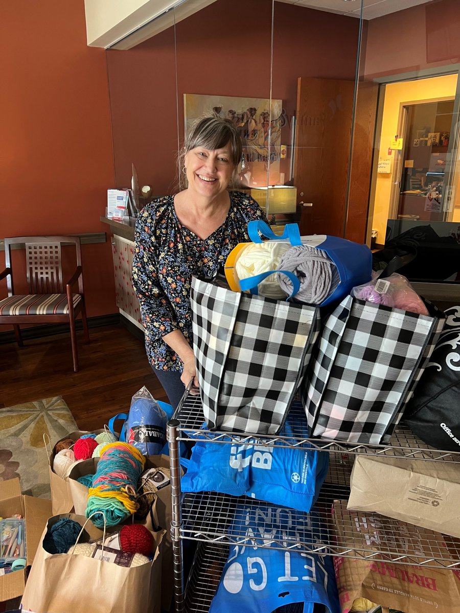 FCSTulsa's tweet photo. A huge shoutout to Phyllis Taylor and the amazing members of Crochet Tulsa for their generous donation of yarn, needles and crafting materials to our @TulsaWIR program! 🎉 Your gifts bring immense joy and hope to our clients. 🌟🧶 #FCS #MORE @gkff https://t.co/Sd1Q1l4Y6W
