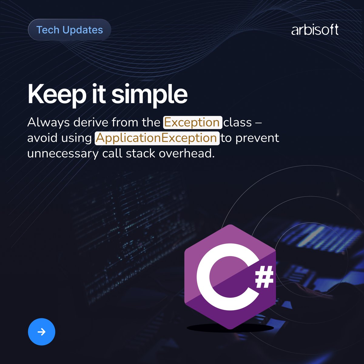 arbisoft's tweet image. Mastering exceptions in C# is key to building robust applications! 🚀 Learn how to handle errors effectively with try-catch blocks, custom exceptions, and best practices for smoother, bug-free code. 💡💻

#CSharp #ExceptionHandling #CodeSmarter #DotNetDevelopers