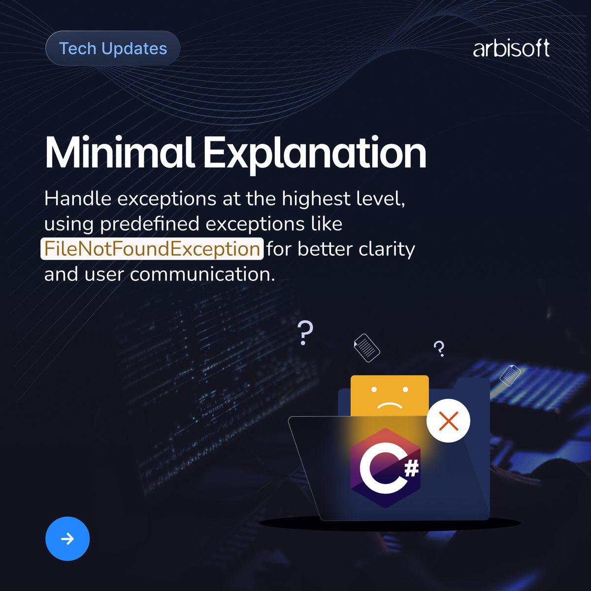 arbisoft's tweet image. Mastering exceptions in C# is key to building robust applications! 🚀 Learn how to handle errors effectively with try-catch blocks, custom exceptions, and best practices for smoother, bug-free code. 💡💻

#CSharp #ExceptionHandling #CodeSmarter #DotNetDevelopers