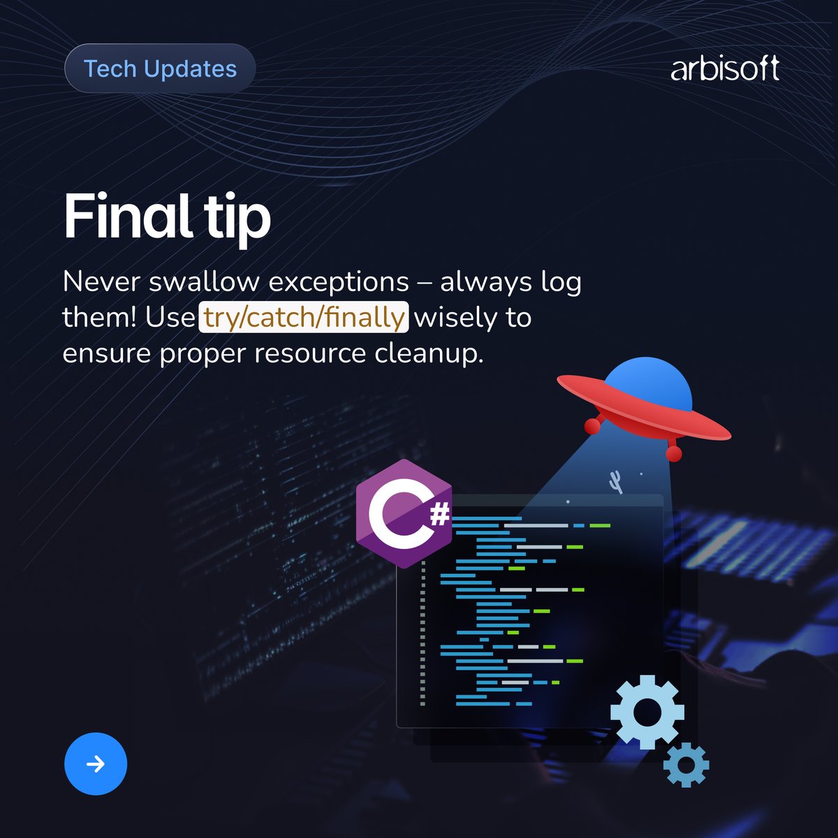 arbisoft's tweet image. Mastering exceptions in C# is key to building robust applications! 🚀 Learn how to handle errors effectively with try-catch blocks, custom exceptions, and best practices for smoother, bug-free code. 💡💻

#CSharp #ExceptionHandling #CodeSmarter #DotNetDevelopers
