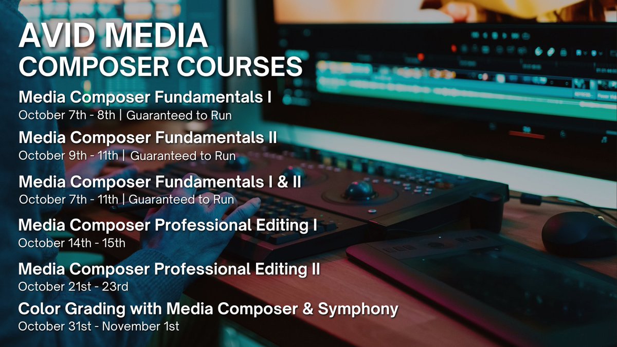 🎥 Become a professional video editor with our Avid Media Composer course series this October! 

Start with the basics in Fundamentals I (10/7 &amp; 10/9), dive deeper in Professional Editing (10/14 &amp; 10/21), &amp; finish strong with Color Grading on 10/31. 

🔗bit.ly/3MYoiZ4