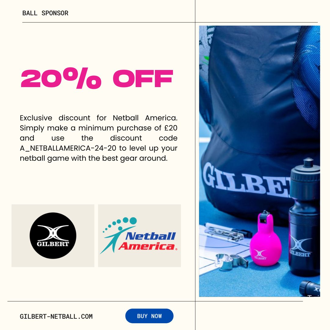 NetballAmerica's tweet photo. #NetballAmerica has teamed up with #GilbertNetball to offer you an exclusive 20% discount off everything in the UK store! 🙌🎉 Minimum purchase of £20 and use the discount code: A_NETBALLAMERICA-24-20 
Shop now: https://t.co/cPdcWNXpG2 #NetballGear  #UKNetball #NetballCommunity https://t.co/zHFoZv8OPz