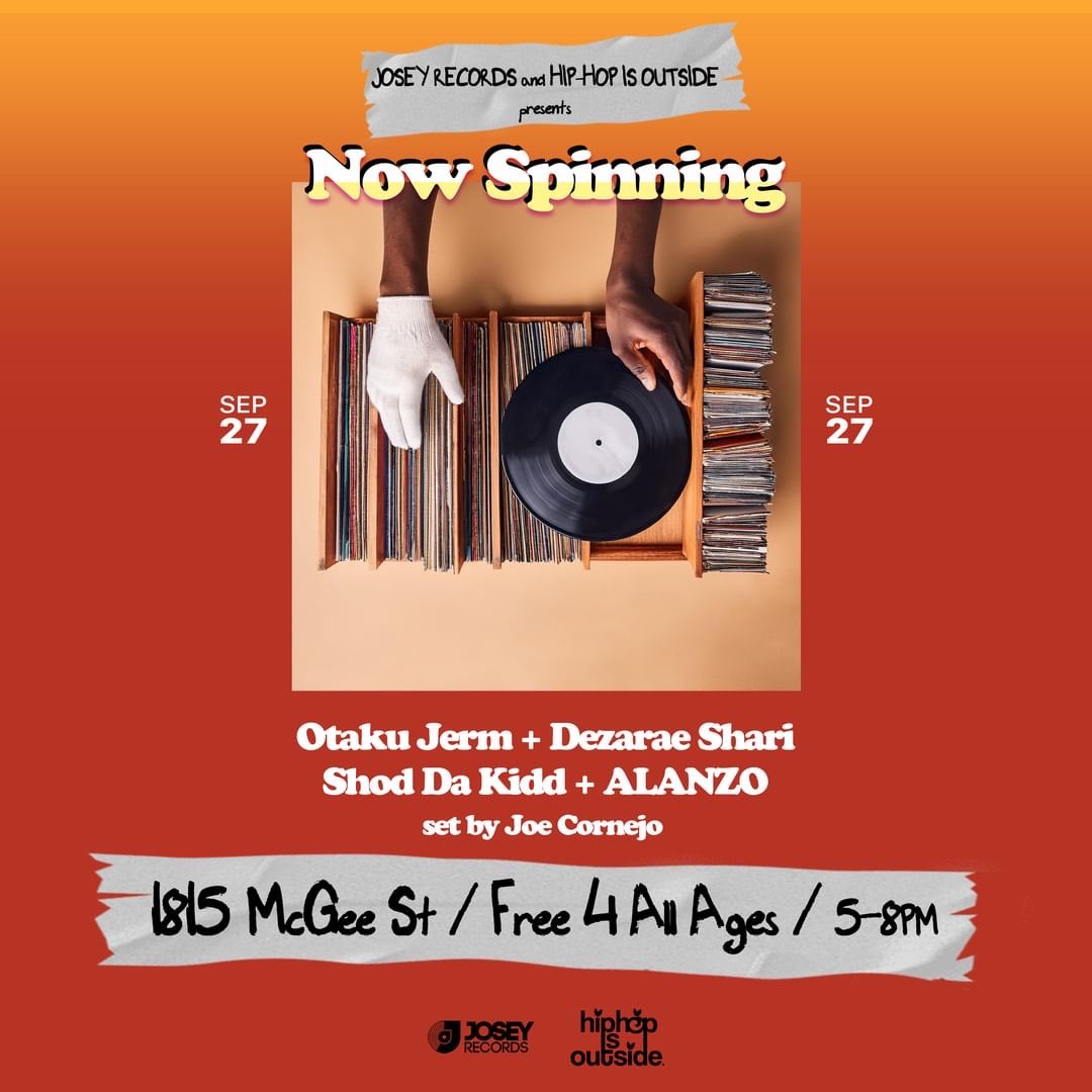 Goodmorning Kansas City! Today’s the day and tonight’s the night AGAIN!

We’re back with NOW SPINNING! 💿💫 at @joseyrecords (KC) 

A free, live show for all ages!

Come jam tonight from 5-8PM!

*Our @hiphopisoutside shirts will be available for purchase. Come grab some merch! 👕