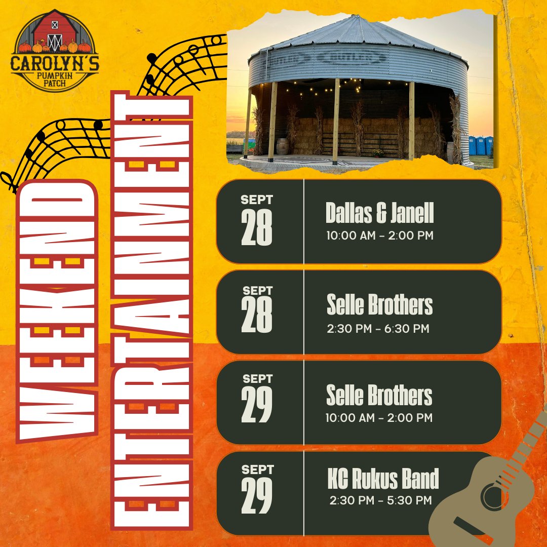 Make your plans to visit Carolyn's Pumpkin Patch! We have a farm-wide Kids Scavenger Hunt going on all weekend long (win prizes!) and here's the entertainment schedule. 
Check out ticket options and buy yours online at:  carolynspumpkinpatch.com