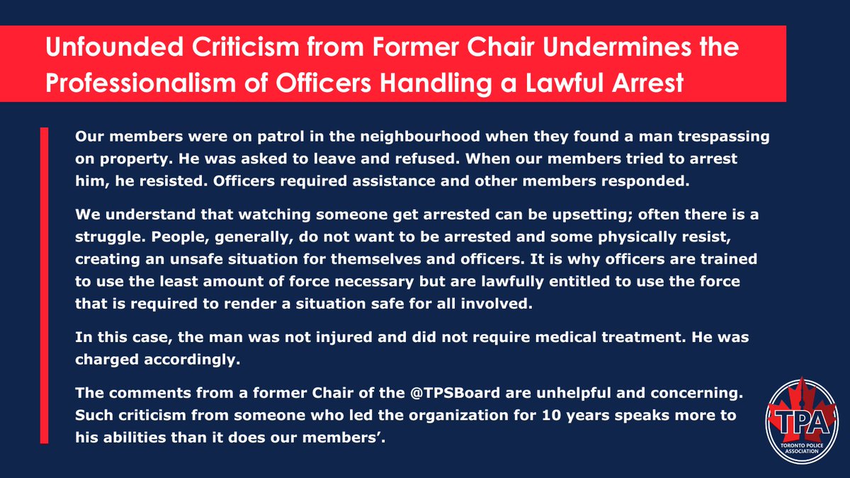 Toronto Police Association (@tpaca) on Twitter photo Our officers handled a difficult arrest with professionalism, using the necessary force to ensure everyone's safety. The unhelpful criticism from a former <a href="/TPSBoard/">Toronto Police Service Board</a> Chair undermines their hard work and dedication. We stand by our members.
cbc.ca/news/canada/to… @TPAReid Our officers handled a difficult arrest with professionalism, using the necessary force to ensure everyone's safety. The unhelpful criticism from a former <a href="/TPSBoard/">Toronto Police Service Board</a> Chair undermines their hard work and dedication. We stand by our members.
cbc.ca/news/canada/to… @TPAReid