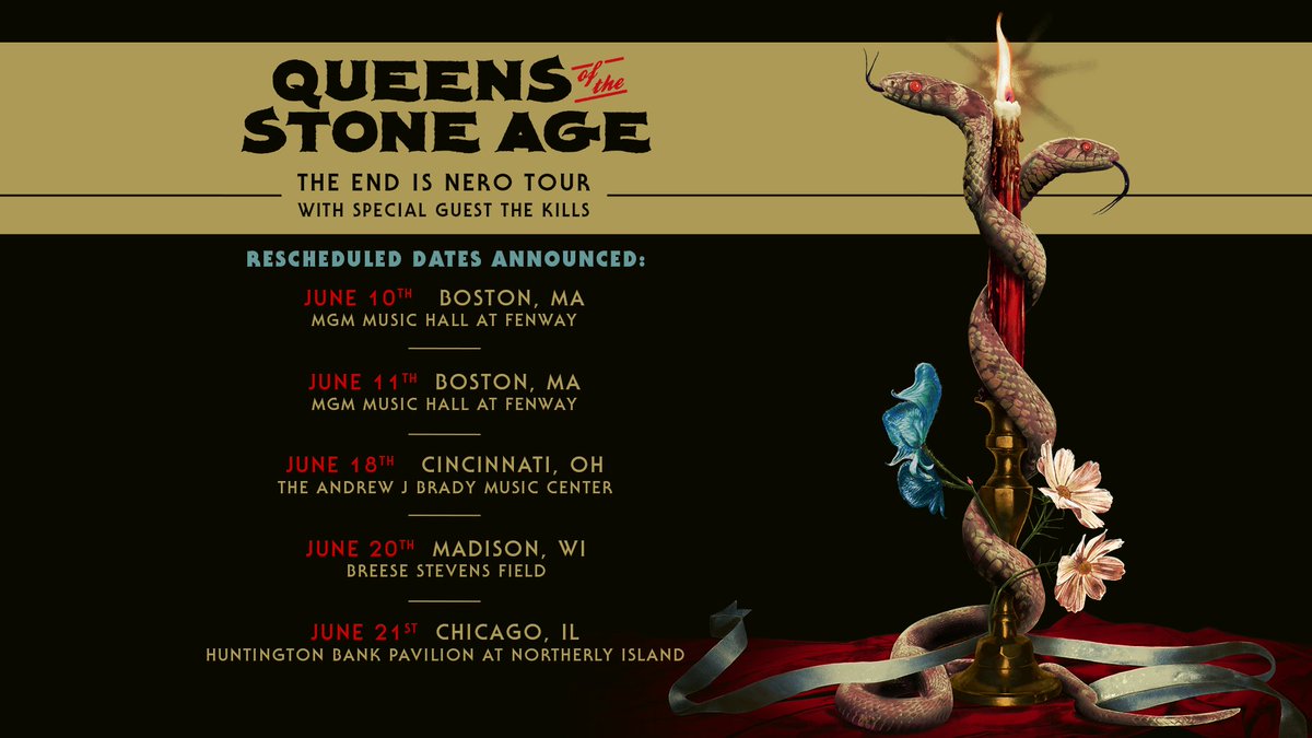 qotsa's tweet photo. The End Is Nero rescheduled tour dates announced 🐍 see you there! https://t.co/ea6izFBO1N

6/10/25
Boston, MA

6/11/25
Boston, MA

6/18/25
Cincinnati, OH

6/20/25
Madison, WI

6/21/25
Chicago, IL

#QOTSA https://t.co/xVyjNWgkZG
