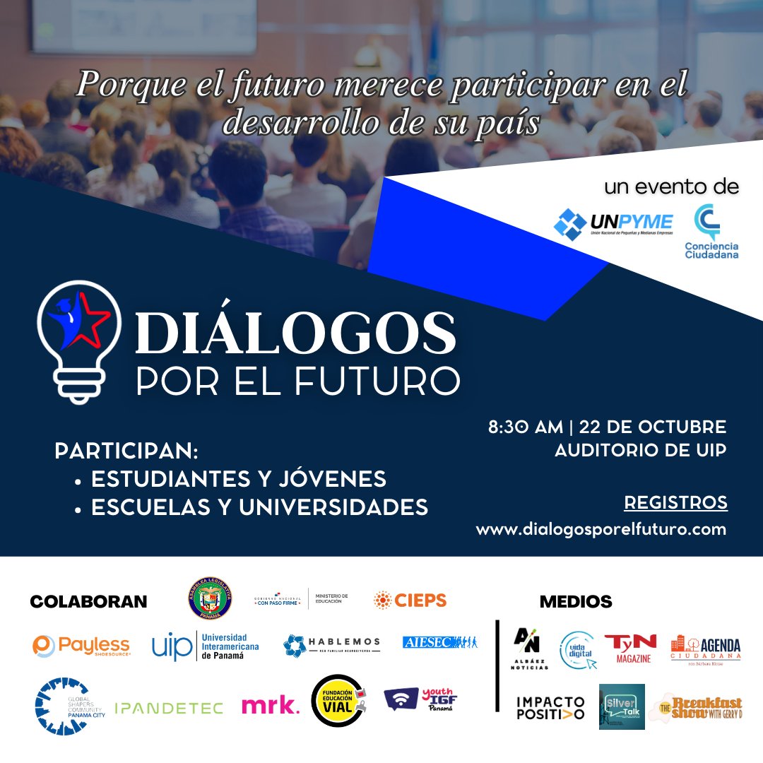 dialogosxfuturo's tweet photo. 🔔 ¡El registro en https://t.co/ycT1CuM5Jk ya está abierto! 🎉 No pierdas la oportunidad de unirte a este evento donde la juventud de escuelas y universidades puede participar en el análisis político y el desarrollo de Panamá 🇵🇦👩‍🎓👨‍🎓. ¡Regístrate ya!✨ #LiderazgoJuvenil https://t.co/BSaIkK63VB
