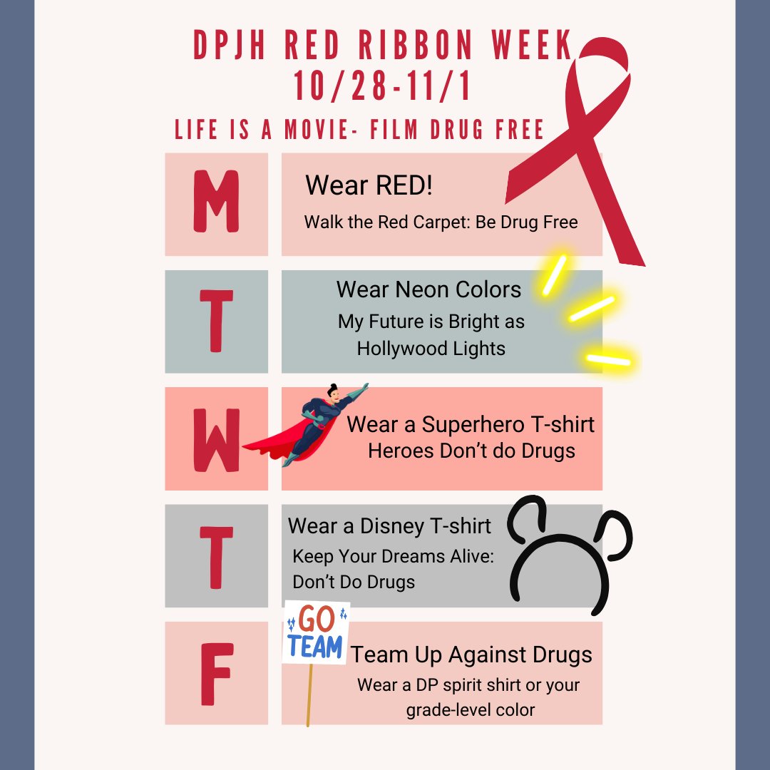 DPISD_DPJH's tweet photo. Don’t forget that Monday starts Red Ribbon Week! This important initiative helps students learn skills to make wise decisions about drugs, alcohol, and nicotine, so they can maintain a healthy lifestyle. We hope to see everyone participating in our dress-up days! https://t.co/DKEpNxRNTs