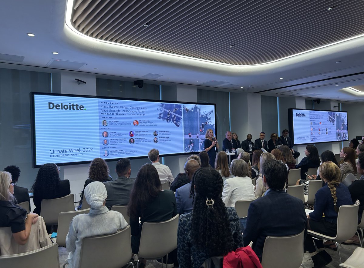 Deloitte's tweet photo. @WEF and Deloitte's report launched at #SDIM NYC highlights place-based approaches for healthier, inclusive, resilient communities. Execs from @salesforce, @JNJNews, @aboutKP, @NYCHealthSystem, & @Seed_Global discussed improving health outcomes. Read more: https://t.co/50jpnC654Y https://t.co/Q7TKM5YuF9