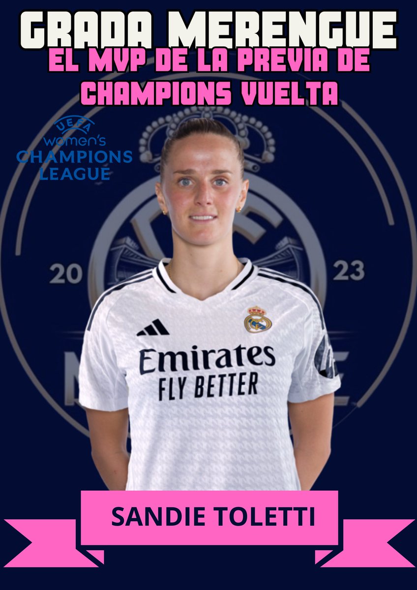 cryptocupra10's tweet photo. La MVP de Grada Merengue del partido de vuelta de Previa de Champions es @SandieToletti @realmadridfem @UWCL
Gracias por la ayuda a @TorrenteMoya
#RealMadrid #MVP #Toletti #UWCL https://t.co/Yf2bR81K4k