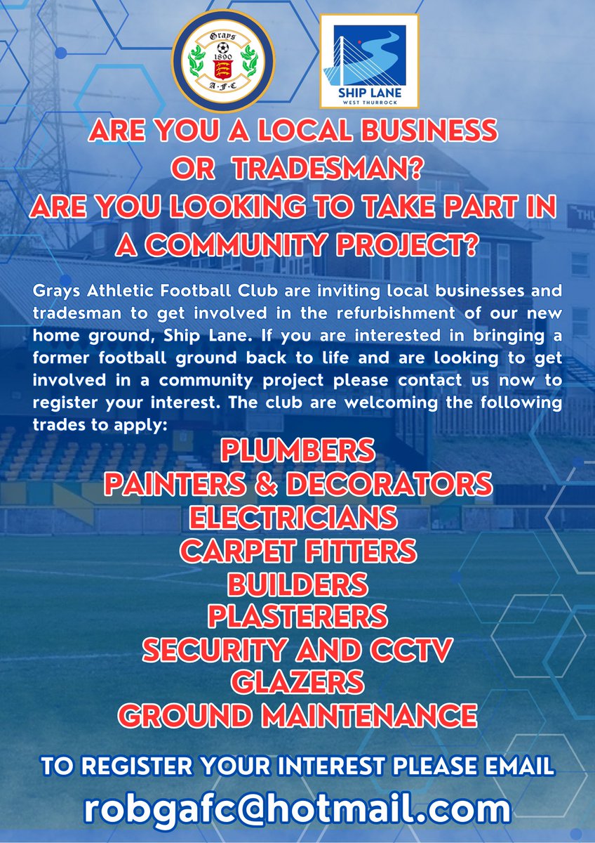 ShipLane1890's tweet photo. CALLING ALL LOCAL BUSINESSES AND TRADESMAN
Are you a local business or local tradesman? are looking to take part in a community project?
Grays Athletic Football Club are inviting local businesses and tradesman to get involved in the refurbishment of our new home ground, Ship Lane https://t.co/SYEPFpFDb6
