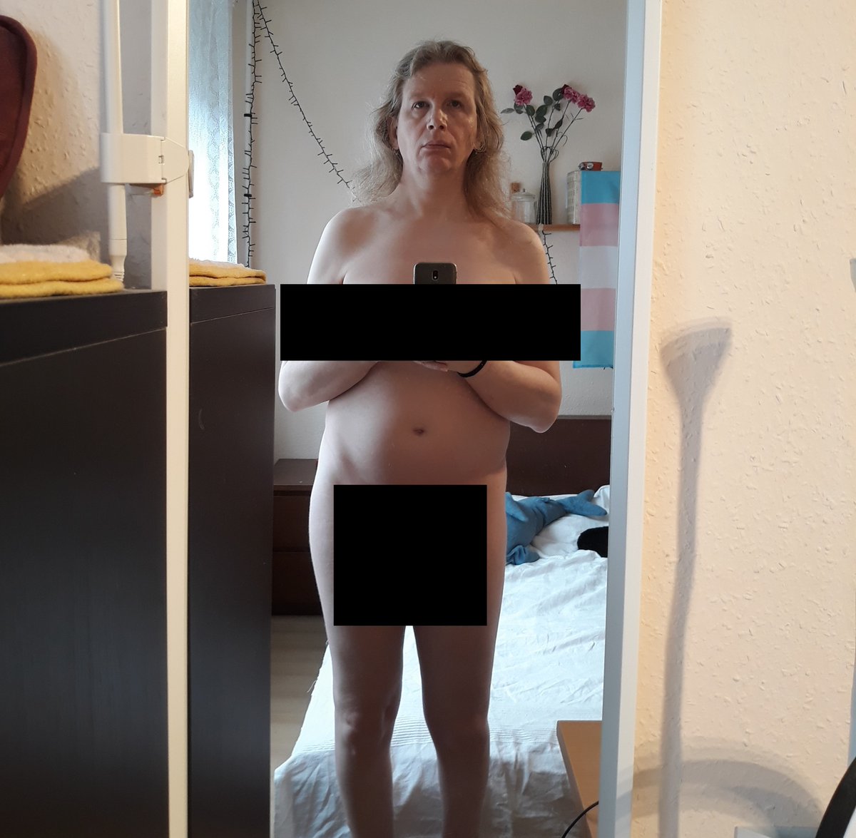 PropertyOfMyCat's tweet photo. This is my body after more than 2 years on HRT. I can't stand straight 'cos my right leg is 3.5cm (1⅓ inch) shorter than my left. I have no waist and no hips, and I have a hunched back from bad posture and sitting in front of a computer screen for years. https://t.co/vQuFu6bp1F