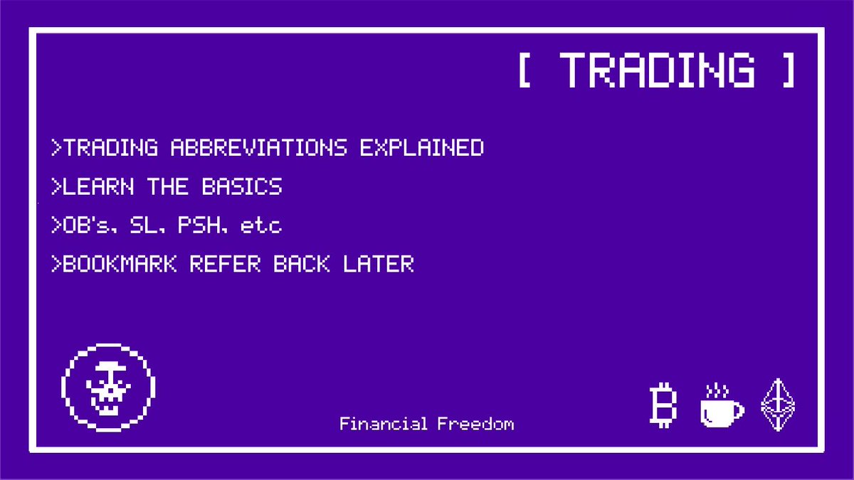 tombxbt's tweet photo. [ Trading Basics ] ( for beginners ) 

>If you are starting a trading journey its extremely important to understand the basics of ICT ( inner circle trader )

🟣What is ICT?

>Inner Circle Trader (ICT) is simply a trading approach that focuses on understanding the underlying 'system' of financial markets

>particularly how institutional traders or 'smart money' operates

>ICT emphasises the study of 
🟣price action
🟣market structure
🟣liquidity
🟣manipulation tactics used by whales or elites

>it aims to equip traders with the knowledge to anticipate market movements by recognising patterns and behaviours that are overlooked by traditional trading strategies :-O

Origins of ICT
>Michael J. Huddleston began sharing his trading insights and methodologies through online forums, webinars, and mentorship programs

>He introduced unique concepts and terminologies that delve into the intricacies of market dynamics, challenging conventional trading wisdom.

>His teachings focus on the idea that markets are manipulated by larger entities to create liquidity, trap retail traders, and move prices to predetermined levels.

---------------
☠️
Even if you arent trading atm but want to in the future, save this for later. If you are just starting out my advice is to go through each of these ICT's and watch videos on youtube as examples

Once you are familiar you should begin to implement them into your own charting where applicable, this is a lengthy process do not give up so early

Set small goals and targets to achieve slowly over time, refer to MT charts and it will begin to unfold

Link to Original Post:
https://t.co/LAqMiCAfI6

----------------

🟣 BB: Breaker Block

Explanation: 
>A Breaker Block is a price zone where the market breaks through a previous support or resistance level and then retests it before continuing in the original direction.

Usage: 
>Traders use Breaker Blocks to identify potential reversal or continuation points. When the price revisits this zone, it may present an opportunity to enter a trade in the direction of the original break.

----------------

🟣 BE: Break Even

Explanation: 
>Breaking even means a trade results in neither a profit nor a loss; the exit price equals the entry price.

Usage: 
>Traders move their stop-loss to the entry price once the trade is in profit to eliminate risk, ensuring they don't lose money on that trade.

----------------

🟣 BOMS: Break of Market Structure

Explanation: 
>A significant change in the market's trend, indicating a potential reversal.

Usage: 
>Traders watch for BOMS to identify when the market shifts from bullish to bearish or vice versa, helping them adjust their strategies accordingly.

----------------

🟣 BOS: Break of Structure

Explanation: 
>Occurs when the price breaks through a key support or resistance level, indicating a possible trend change.

Scenario: 
>Used to confirm that a new trend may be starting, prompting traders to enter or exit positions.

----------------

🟣 BSL: Buy Side Liquidity

Explanation:
>Areas in the market where buy orders are clustered, often above recent highs.

Scenario: 
>Traders anticipate that the price may move toward these areas to trigger buy orders or stop-losses placed by other traders.

----------------

🟣 EQH: Equal Highs

Explanation: 
>When the market reaches the same high price level multiple times.

Scenario: 
>Seen as a resistance level and a liquidity zone where traders might place stop-loss orders, attracting market moves toward this level.

----------------

🟣 EQL: Equal Lows

Explanation: 
>When the market reaches the same low price level multiple times.

Usage: 
>Acts as a support level and a liquidity zone for potential buy entries or stop-loss triggers.

----------------

🟣 FVG: Fair Value Gap*

Explanation: 
>A gap on the price chart where little to no trading has occurred, often due to rapid price movements.

Usage: 
>Traders expect the price to retrace to these gaps to "fill" them, providing trading opportunities.

----------------

🟣 HTF: High Time Frame*

Explanation: 
>Refers to longer-term charts like daily, weekly, or monthly charts.

Usage: 
>Used to identify the overall market trend and significant support or resistance levels.

----------------

🟣 LTF: Low Time Frame*

Explanation: 
>Short-term charts such as 1-minute, 5-minute, or 15-minute charts.

Usage:
>Utilised for precise entry and exit points, especially in day trading or scalping strategies.

----------------

🟣 MS: Market Structure

Explanation: 
>The pattern of highs and lows in the market that defines the current trend.

Usage: 
>Traders analyse market structure to determine whether the market is trending upwards, downwards, or moving sideways.

----------------

🟣 MTF: Medium Time Frame

Explanation: 
>Charts that are between high and low time frames, like 1-hour or 4-hour charts.

Usage: 
>Provides a balance between the broader trend and short-term price action for informed trading decisions.

----------------

🟣MTF': Micro Time Frame

Explanation: 
>Extremely short time frames, potentially seconds or tick charts.

Usage:
>Used by scalpers who aim to profit from tiny price movements.

----------------

🟣 OB: Order Block*

Explanation:
>A consolidation area where large institutional orders are placed, acting as significant support or resistance.

Usage: 
>Traders look for order blocks to anticipate where big market players might influence price movements.

----------------

🟣 PA: Price Action

Explanation: 
>The movement of price plotted over time.

Usage: 
>Traders analyse patterns and formations in price action to make trading decisions without relying on indicators.

----------------

🟣 PSH: Previous Swing High
Explanation: 
>The last significant high point before a downward move.

Usage: 
>Used as potential resistance or a target for taking profits.

----------------

🟣PSL: Previous Swing Low
Explanation: 
>The last significant low point before an upward move.

Usage:
>Acts as potential support or an entry point for buying.

----------------

🟣RH: Range High
Explanation: 
>The highest price level within a trading range.

Usage: 
>Traders may sell near the range high expecting the price to move back down within the range.

----------------

🟣RL: Range Low
Explanation: 
>The lowest price level within a trading range.

Usage: 
>Traders may buy near the range low expecting the price to rise within the range.

----------------

🟣RR: Risk/Reward
Explanation: 
>The ratio comparing potential profit to potential loss in a trade.

Usage: 
>Helps traders assess whether a trade is worth taking based on potential returns versus risk.

----------------

🟣SOW: Signs of Weakness
Explanation: 
>Indications that the current upward trend may be losing momentum.

Usage: 
>Traders look for SOW to prepare for possible trend reversals or to tighten stop-losses.

----------------

🟣SOS: Signs of Strength
Explanation: 
>Indications that the current downward trend may be gaining upward momentum.

Usage: 
>Traders look for SOS to enter long positions or hold existing ones.

----------------

🟣SL: Stop-loss
Explanation: 
>An order to close a trade at a predetermined price to limit potential losses.

Usage: 
>A crucial risk management tool to protect trading capital.

----------------

🟣 SLH: Stop-loss Hunting*
Explanation:
>When the price moves to trigger stop-loss orders before reversing direction.

Usage: 
>Traders may place stop-losses strategically to avoid common stop-hunting zones.

----------------

🟣SSL: Sell Side Liquidity
Explanation: 
>Areas where sell orders are clustered, often below recent lows.

Usage: 
>Price may move toward these areas to trigger sell orders or stop-losses.

----------------

🟣TL: Trendline
Explanation: 
>A line drawn over pivot highs or under pivot lows to show the prevailing direction of price.

Usage: 
>Helps traders identify the trend and potential support or resistance levels.

----------------

🟣TP: Take-Profit
Explanation: 
>An order to close a trade at a predetermined profit level.

Usage:
>Automatically locks in profits when the price reaches the desired level.

----------------

♨️ Bearish Reversal Pressure Expected
Explanation: 
>Indicates levels where significant bearish (downward) pressure is anticipated, suggesting a potential reversal from an uptrend to a downtrend.

Usage: 
>Traders watch these levels for potential sell opportunities. The larger the emoji, the higher the probability of a reversal.

----------------

🗝️ Bullish Reversal Pressure Expected
Explanation: 
>Indicates levels where significant bullish (upward) pressure is anticipated, suggesting a potential reversal from a downtrend to an uptrend.

Usage: 
>Traders watch these levels for potential buy opportunities. The larger the emoji, the higher the probability of a reversal.

----------------

Monitoring Bitcoin and Ethereum on Medium Time Frames (MTF)

Concept: 
>Use Bitcoin and Ethereum's price behaviour on medium time frames as an additional confirmation for trading decisions.

Explanation: 
>Observing how these major cryptocurrencies behave can provide insights into the overall market sentiment. If they show signs of strength or weakness, it can validate your trading ideas.

----------------

Invalidation of Levels with High Time Frame (HTF) Market Structure Changes.

Concept: 
>Trading levels can become invalid if there's a change in the market structure on higher time frames.

Explanation: 
>A significant shift in the long-term trend can override previous analyses. Always be aware of the overarching market direction.

----------------

Focus on High Time Frame (HTF) Opportunities

>HTF trades are generally more reliable and less risky. They provide stronger signals and are less susceptible to market noise.

----------------

Risk of Short-Term Trades

>Learn from short-term examples but prioritise long-term trades for better consistency.

----------------

Understanding Bitcoin Volatility (BVOL24H)

>High volatility in Bitcoin often occurs when the 24-hour Bitcoin Volatility Index (BVOL24H) is at support levels.
>Monitoring the BVOL24H can help anticipate periods of significant price movements, allowing for better timing of trades.

----------------

🔑 Takeaways for Beginners
>Focus on High Time Frames: They provide more reliable signals and reduce the impact of market noise.

>Understand Market Structure: Recognising shifts in trends is crucial for making informed trading decisions.

>Use Multiple Confirmations: Combine observations from Bitcoin and Ethereum with other indicators for stronger trade setups.

>Plan Ahead: Anticipate future price movements and set alerts to be prepared when opportunities arise.

>Risk Management Is Essential: Always use stop-losses and consider the risk/reward ratio before entering a trade.

>Avoid Emotional Trading: Stick to your trading plan and avoid chasing the market.

>Continuous Learning: Trading involves constant learning and adaptation. Keep studying market behaviours and refining your strategies. - dont give up just because you dont immediately understand something - put in the effort

If you arent sure where to start, this is a very very good place besides getting your head around tradingview and exchanges etc 

>if you dont understand something, become resourceful
>type it in to youtube
>ask a mentore
>build a network of like minded people that can work together to learn and decode everything

its much much faster