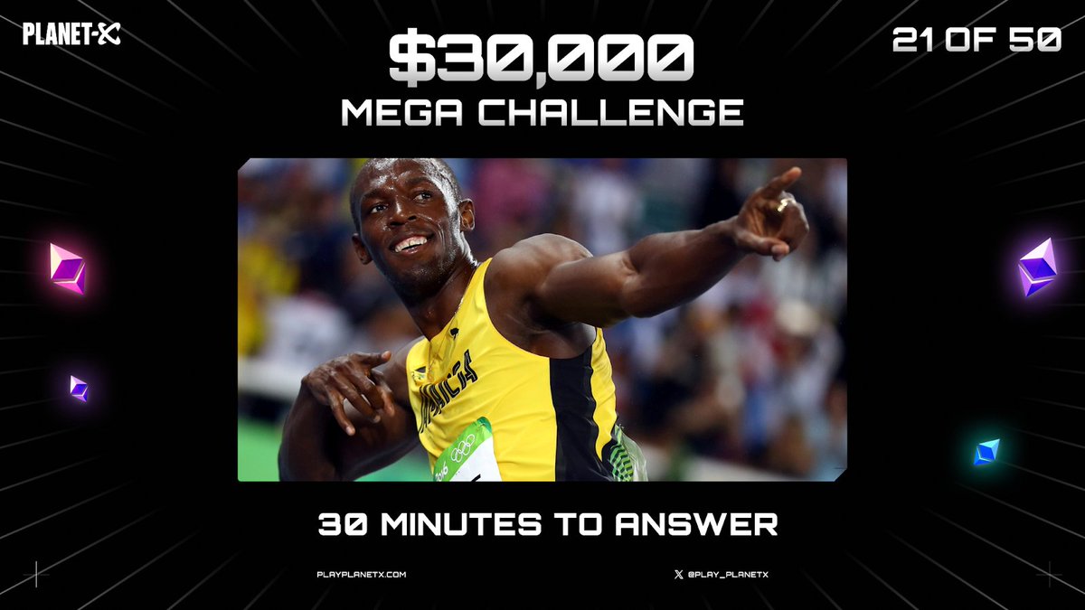 PlanetX's tweet photo. $30,000 Mega Challenge 21/50 🎁

What sports brand sponsored Usain Bolt for his footwear? Repost, tag them + 2 friends below with your answer 👇

Prize: $100 in ETH to 2 people

30 mins ⏰ @mothership_lexi will announce the winners today! https://t.co/uIlhEDaiba