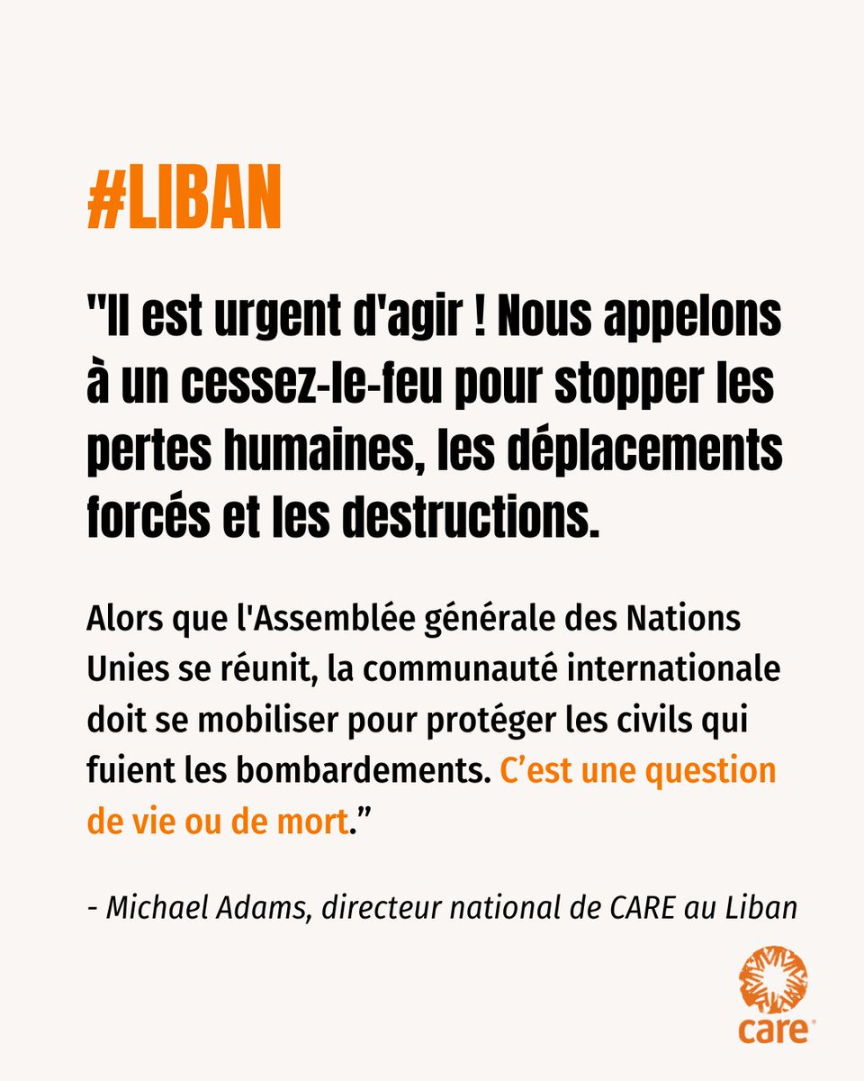 🚨Urgence #Liban : CARE appelle à un cessez-le-feu immédiat et reste mobilisée pour apporter une aide humanitaire aux populations 👉 repas chauds, kits d’hygiène, eau, matelas et soutien psychologique.
