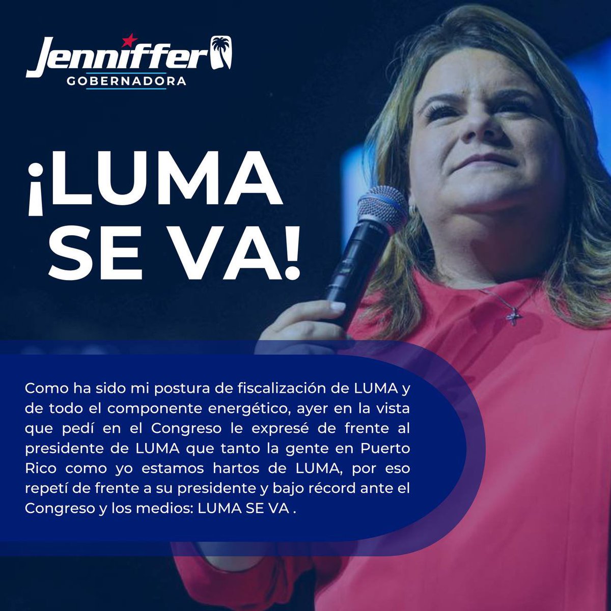Como ha sido mi postura de fiscalización de LUMA y de todo el componente energético, ayer en la vista que pedí en el Congreso le expresé de frente al presidente de LUMA que tanto la gente en Puerto Rico como yo estamos hartos de LUMA, por eso repetí de frente a su presidente y