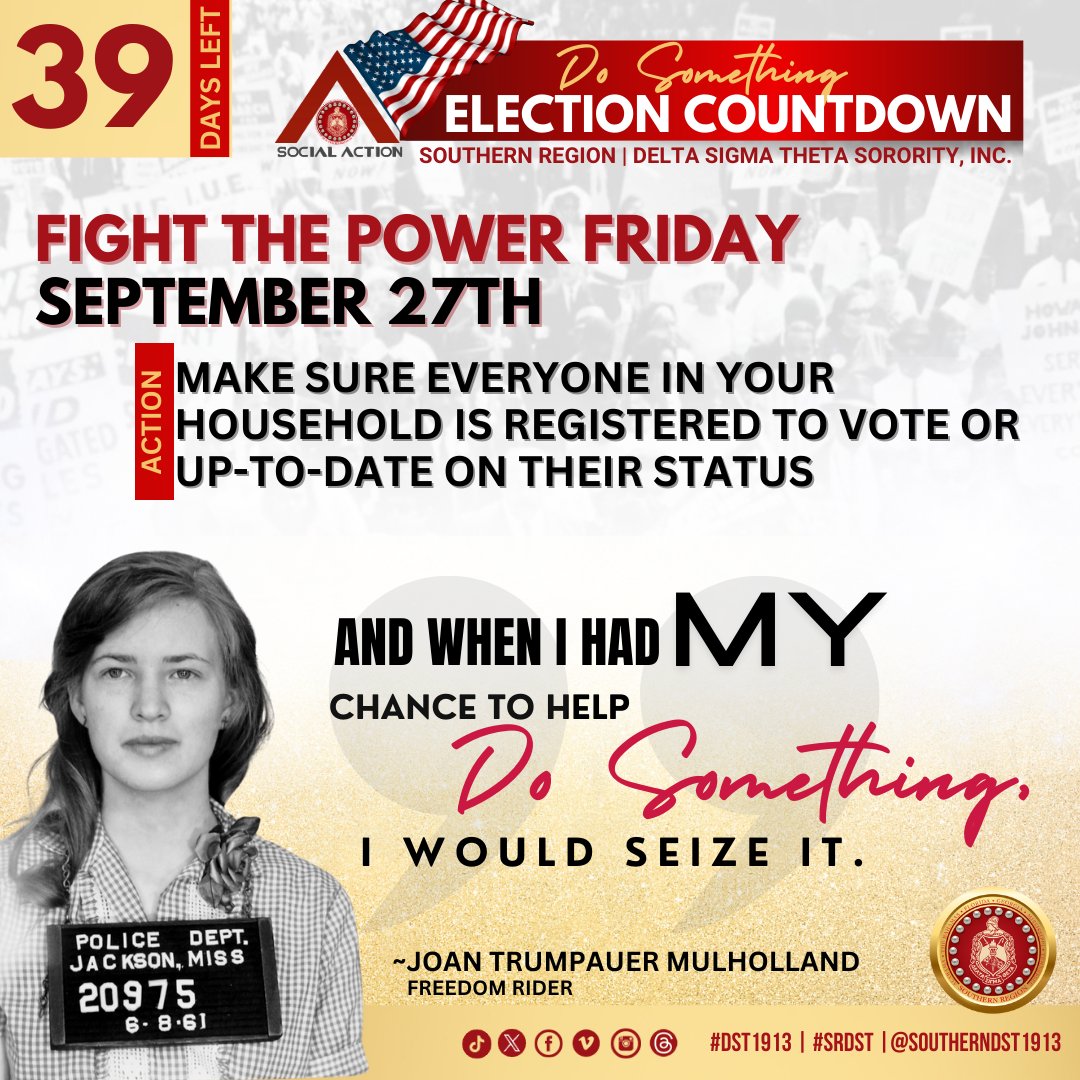 southerndst1913's tweet photo. Day 39!  It’s Fight the Power Friday! 📷
Today’s mission: Make sure everyone in your household is registered to vote or up-to-date on their voter status!  Let’s be ready to make our voices heard!
#SRDST #DST1913 #FortitudeOnTheFrontLine #GetOutTheVote #SRDoSomething https://t.co/IeIT9sWyyV
