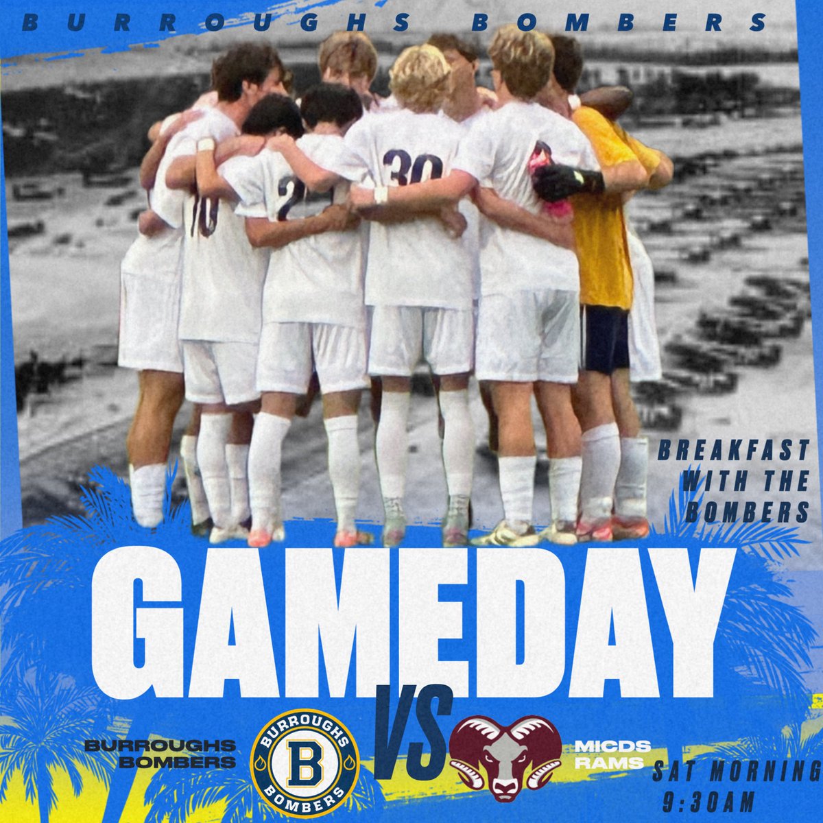 Time change!   Varsity soccer will kick off at 9:30am on Saturday morning - most likely on the Stadium turf.   Come have breakfast with the Bombers and cheer them on against the Rams!   #rollbomb