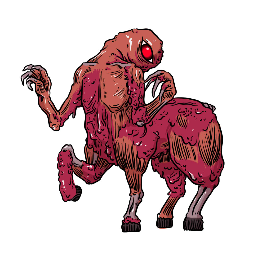 週数怪　雑に紹怪
【ナックラヴィー】

スコットランドの民話により伝わる水妖の一種。
燃えるような大きな一つの目をもつ、ケンタウロスに似た半人半馬であり、毛も皮膚もなく、全身肉が剥き出しの姿をしている。
これが現れると流行り病や旱魃などの災害が起こり、また作物を枯らす息を吐くという。