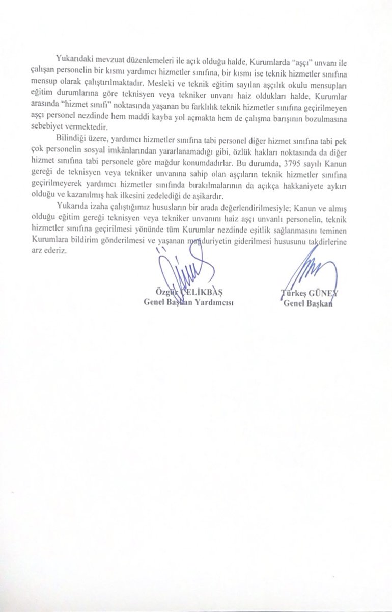 🔴YHS’DE GÖREV  YAPAN AŞÇI ÜNVANLI ARKADAŞLARIMIZIN 3795 S.KANUN GEREĞİ “EĞİTİM DURUMUNA UYGUN OLARAK GENEL İDARE HİZMETLERİ VE TEKNİK HİZMETLER SINIFINA GEÇİRİLMESİNE YÖNELİK CB’YE İKİNCİ DEFA YAZI YAZDIK.  

📌Cumhurbaşkanlığına 27.09.2024 tarihli 3795 sayılı kanuna referansla