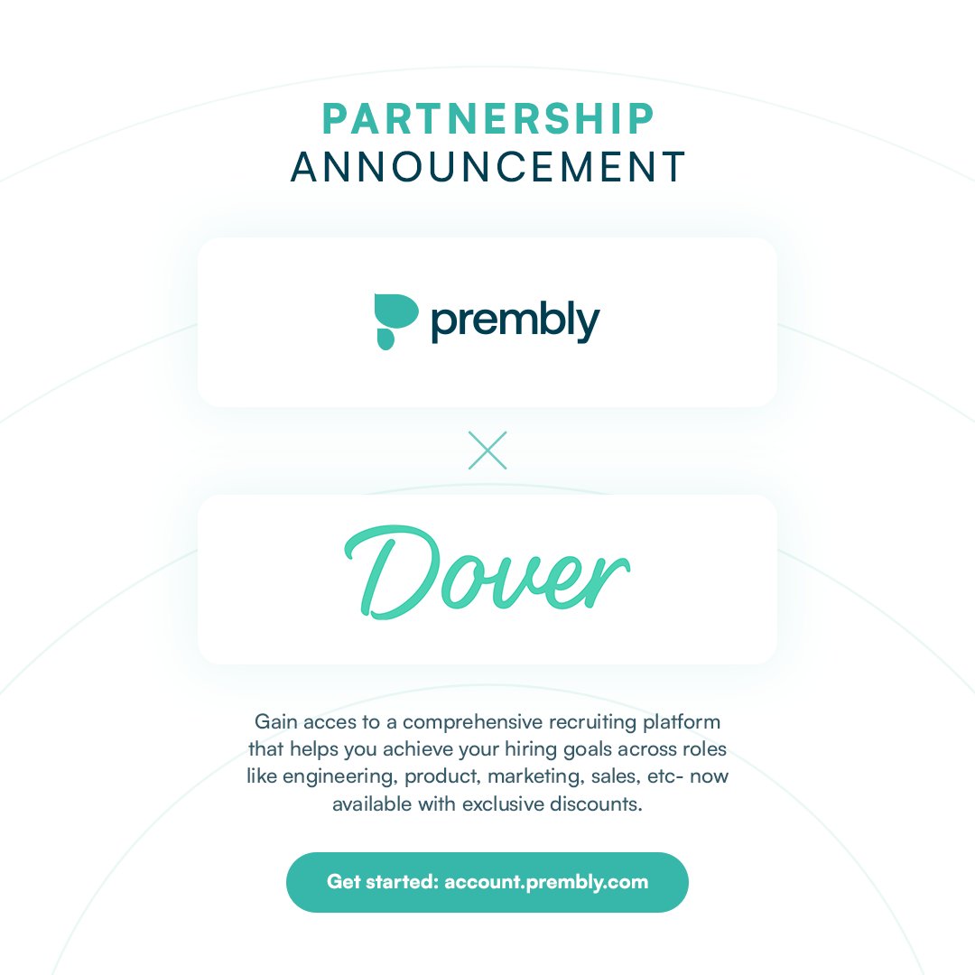 P R E M B L Y x D O V E R 🤝
…

Announcing our latest partnership with <a href="/DoverHq/">Dover</a>.

Startups in our ecosystem can now gain access to a comprehensive recruiting platform that helps you achieve your hiring goals across roles like engineering, product, marketing, sales, etc- now